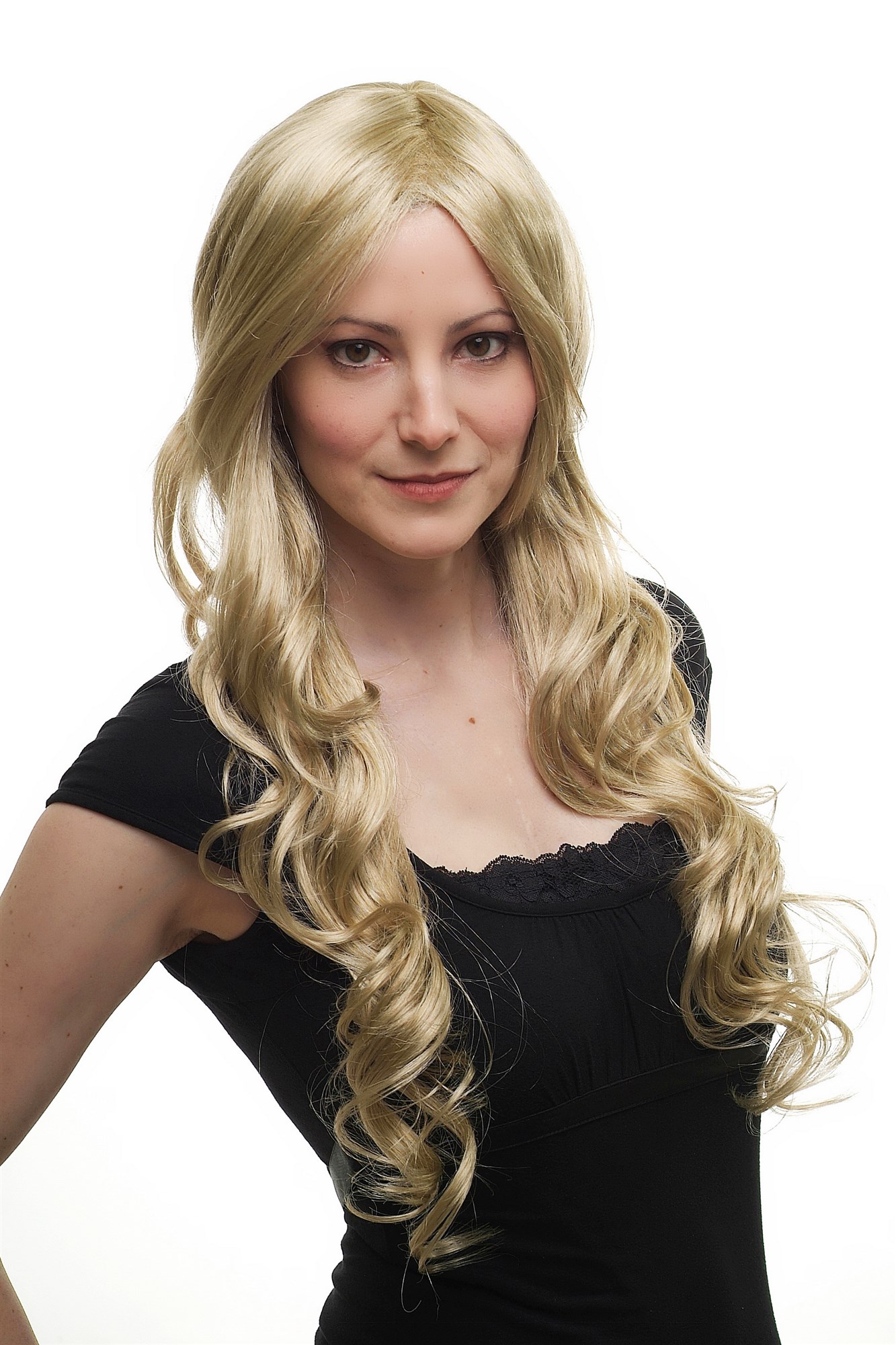 hochwertige Qualitätsperücken, Perücke lang wellig hellblond Goldblond-Hell-Aschblond-Mix 3274-234, Vorderansicht, WIG ME UP: Ihr Perücken Online Shop wellige Tressen-Perücke mit Kopfhaut-Imitat Hellblond lange Haare für Damen