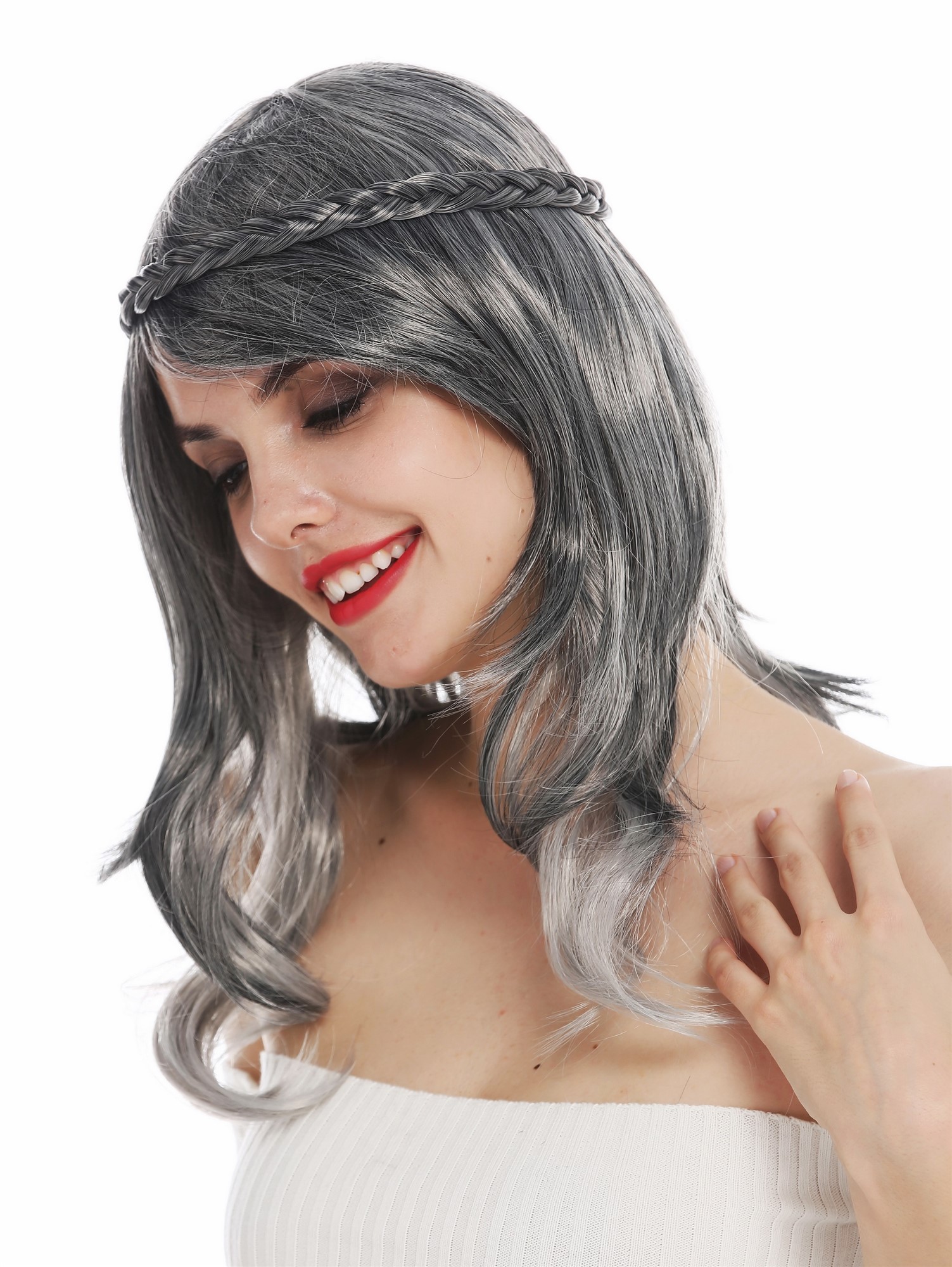 Party Wig, Ladies, dark gray, Braided, short