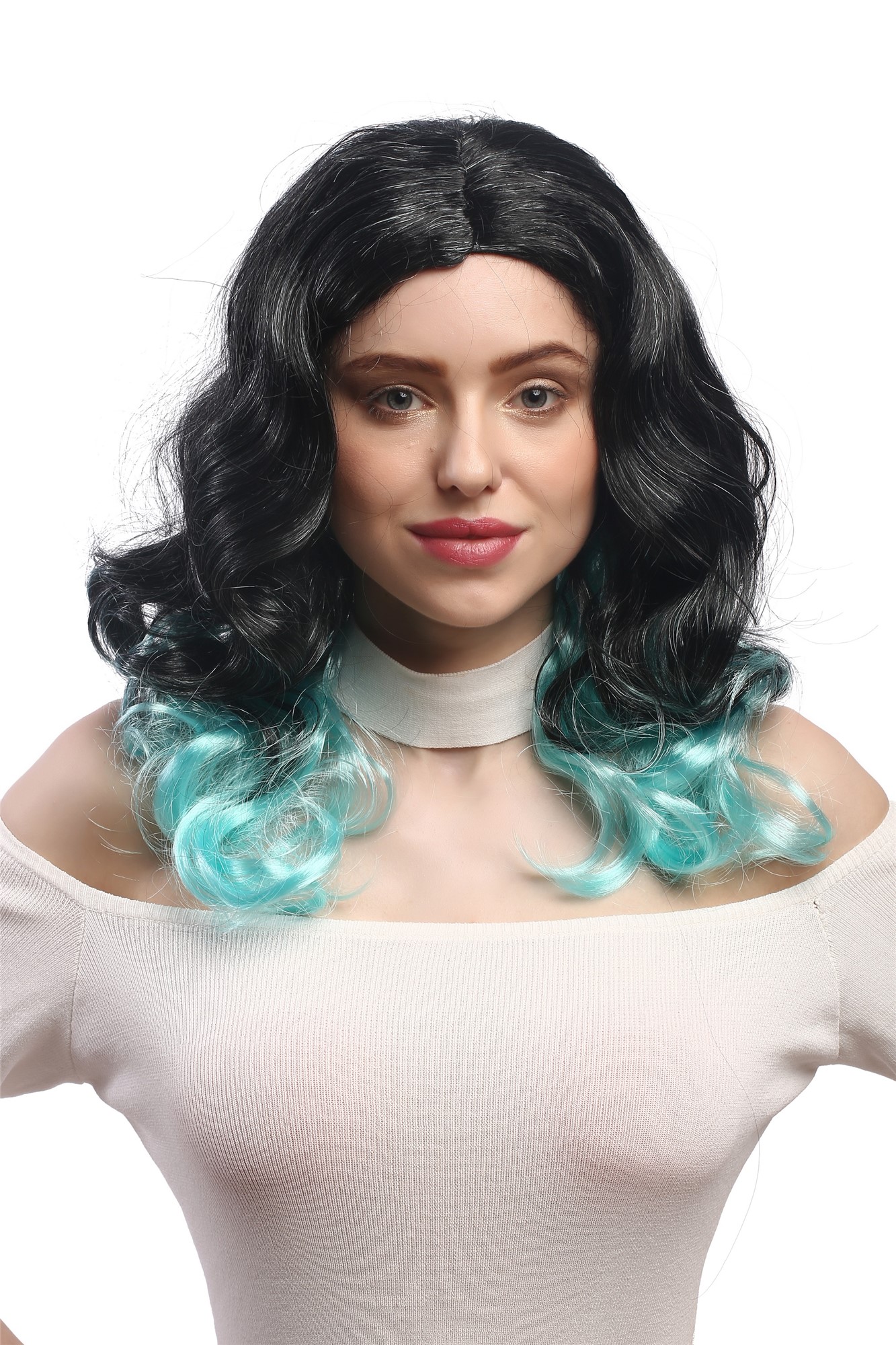 günstige Party Perücke, Perücke Lang Wellig Ombre Schwarz Türkis-Blau DEC185-ZA103-98A, Vorderansicht, WIG ME UP: Ihr Perücken Online Shop wellige Party Perücke Schwarz,Blau lange Haare für Damen