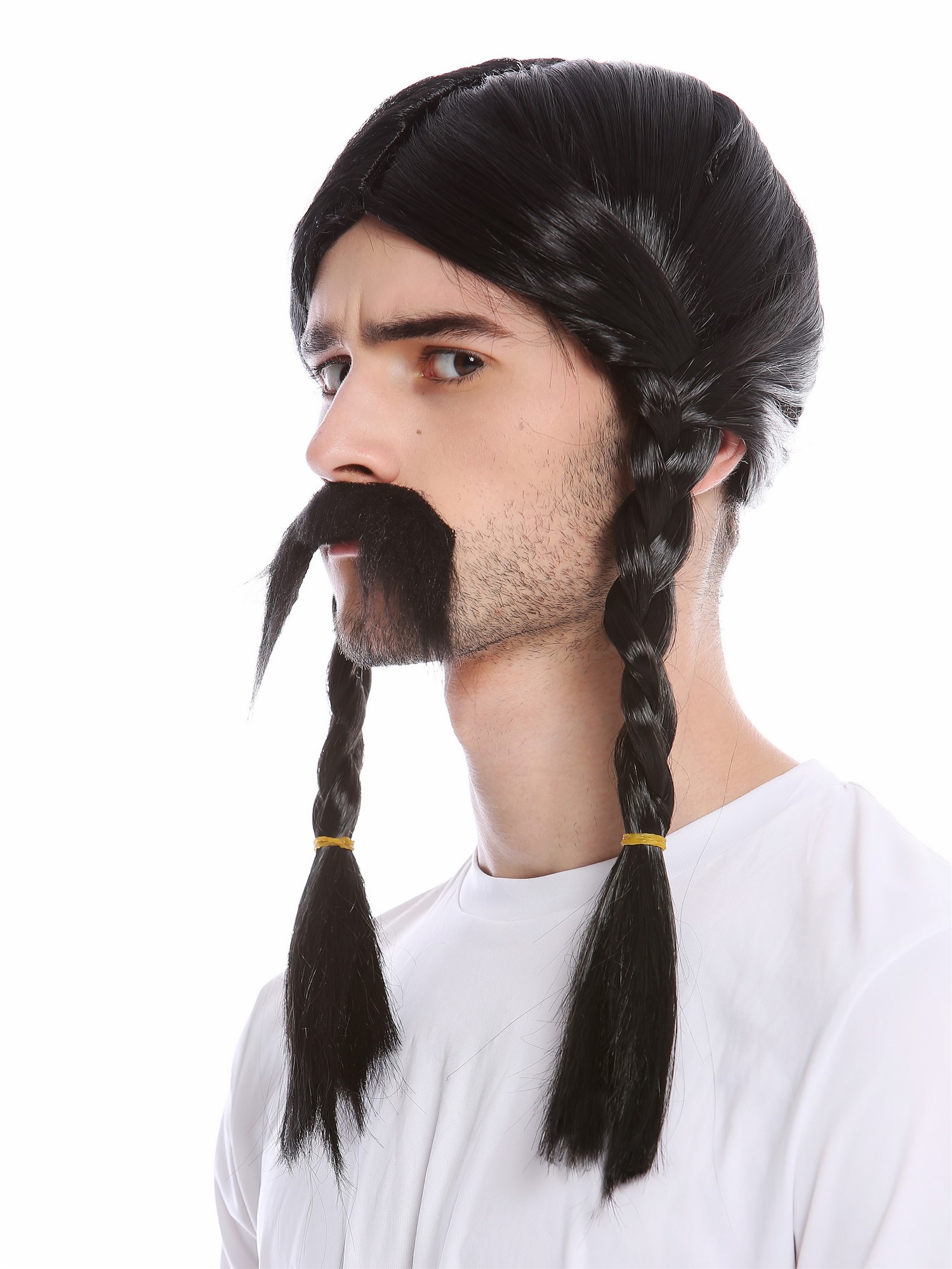 Man Party Wig & Mustache Set black long braids braided plaited Gaul Viking 91099, view 3, WIG ME UP: Your Perücken Online Shop Party Wig, Men, Black, Braided, long