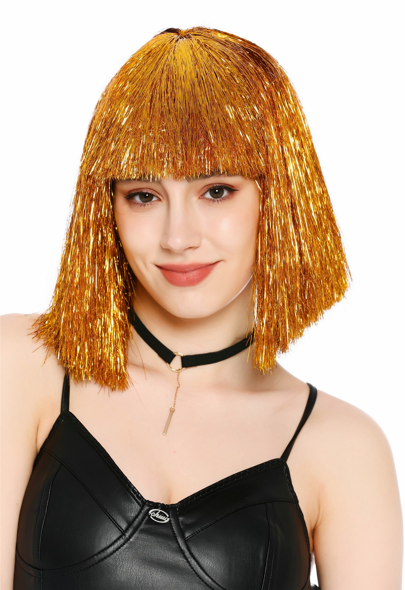 Perücke Damen Glitzer Lametta Tinsel Look Longbob Pony Disco Glam Gold VK-42-TN9