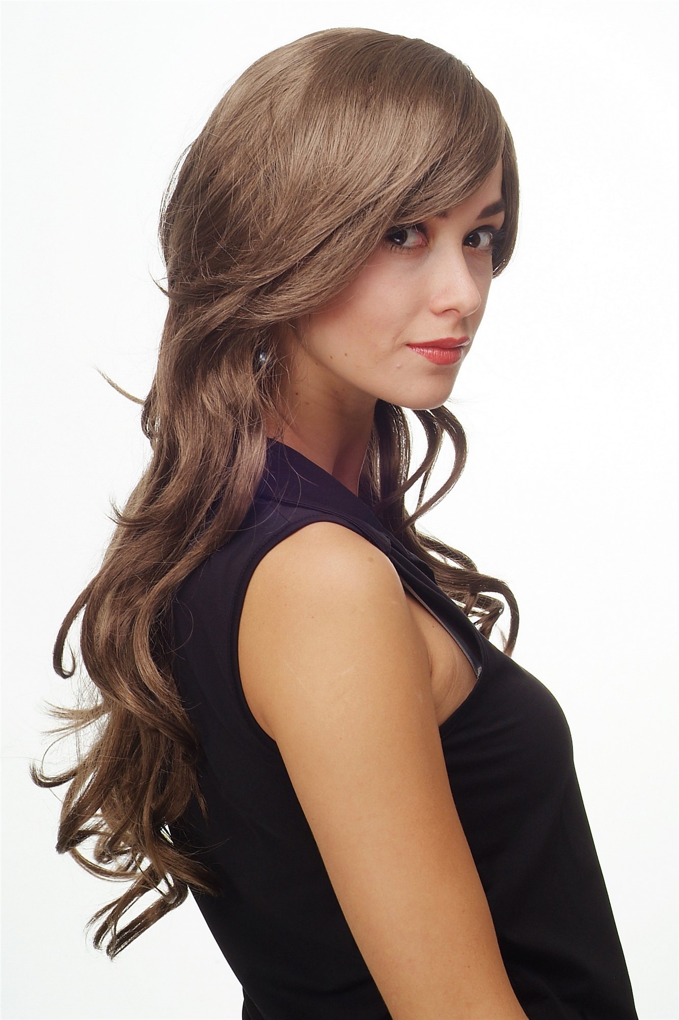 Stunning Lady  Wig very long wavy long fringe (for side parting) light goldbrown gold brown, view 2, WIG ME UP: Your Perücken Online Shop Quality Wigs, Ladies, dark golden brown, curled, long