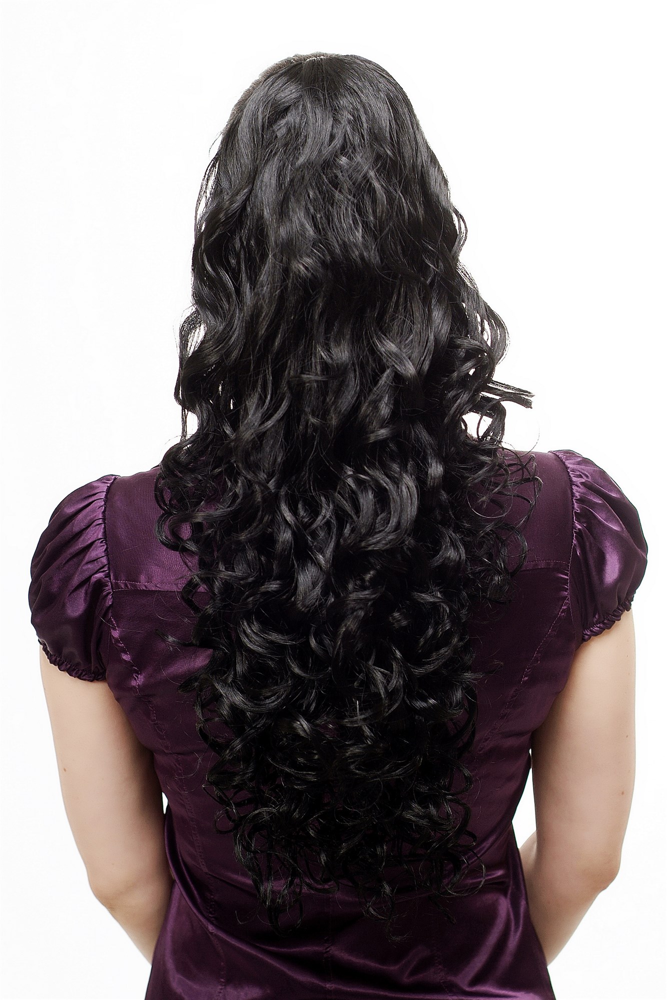 hochwertiges Voluminös wallendes Haarteil lockig und sehr lang Zopf Schwarz N310-1, Vorderansicht, WIG ME UP: Ihr Perücken Online Shop lockiges Zopf-Haarteil Schwarz 60 cm lang