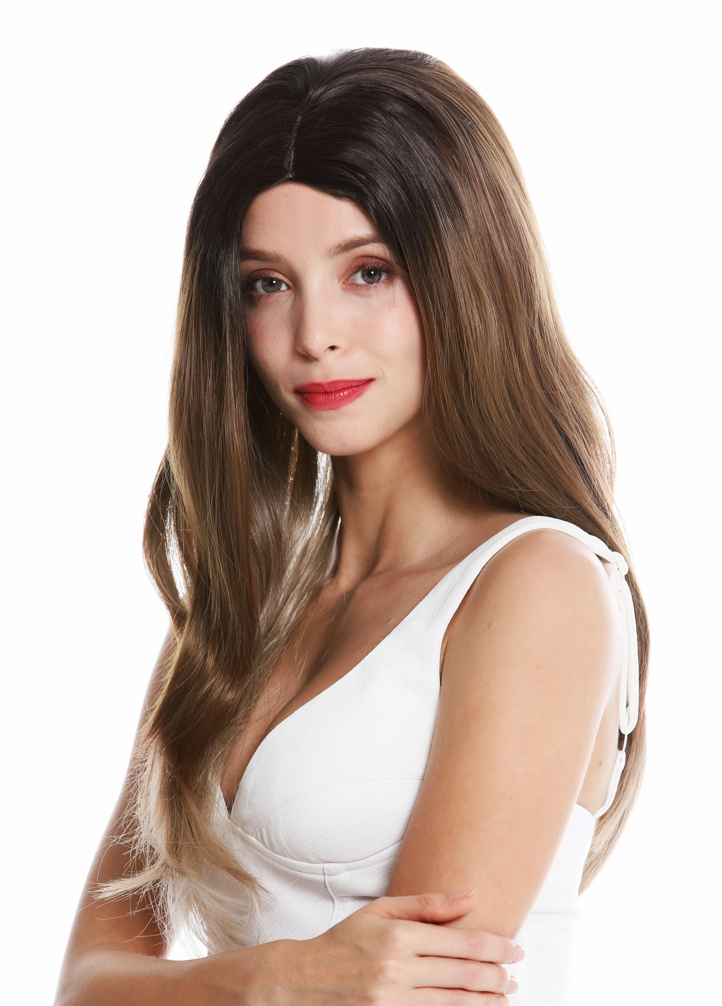 hochwertige Qualitätsperücken, Perücke lang Mittelscheitel Balayage Braun Blond GFW3464-G322, Ansicht 3, WIG ME UP: Ihr Perücken Online Shop glatte Tressen-Perücke mit Kopfhaut-Imitat Braun-Blond-Mix lange Haare für Damen