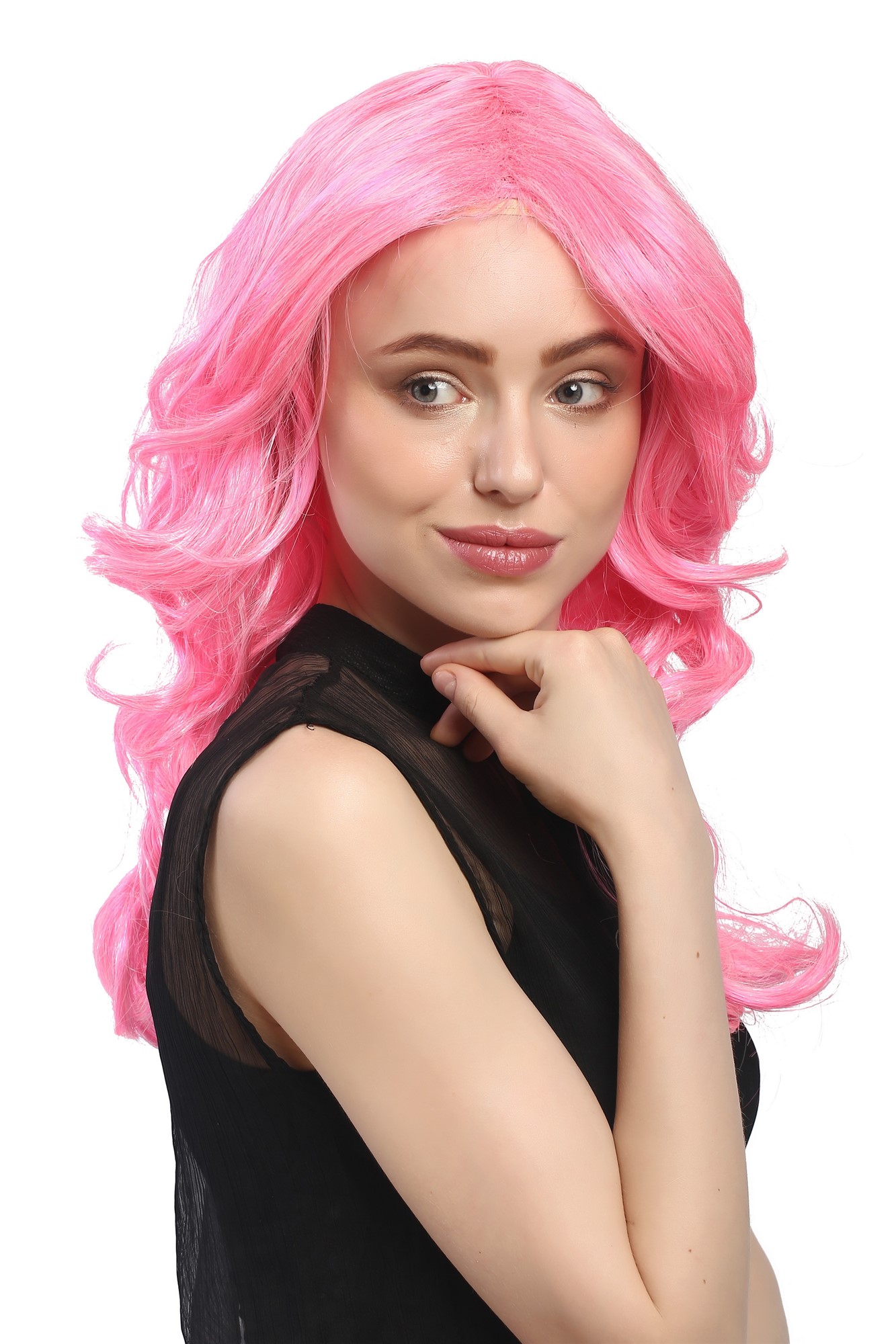 günstige Party Perücke, Perücke Volumen Wellig Mittelscheitel Pink 91260-ZAC5-ZA60, Vorderansicht, WIG ME UP: Ihr Perücken Online Shop wellige Party Perücke Rosa lange Haare für Damen