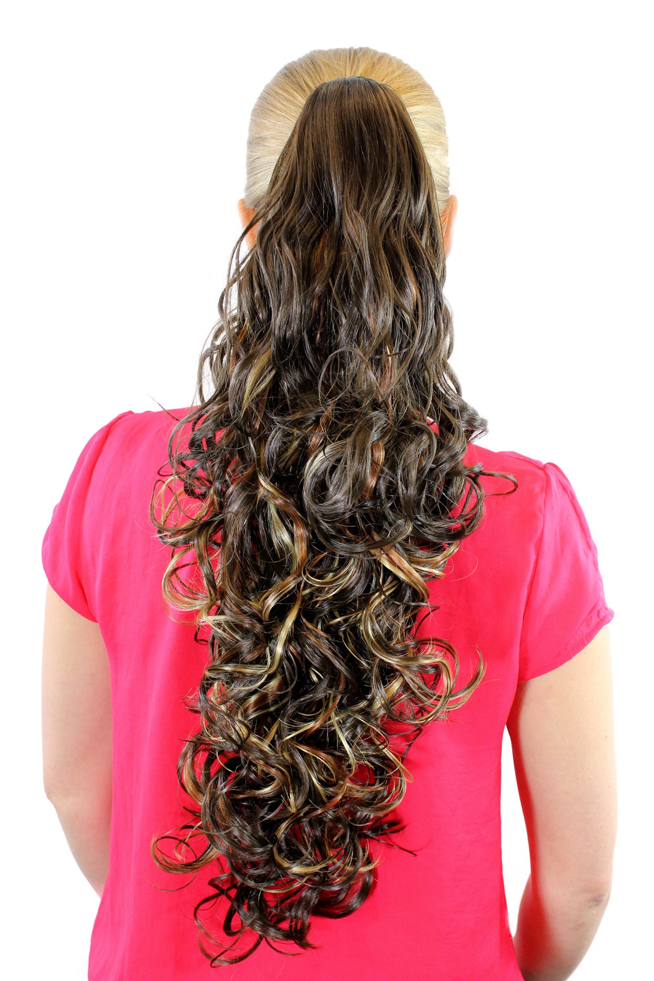 JL-3113-6HLM033 Ponytail Hairpiece extension very long volume curled curls brown auburn mix claw clamp 23", front view, WIG ME UP: Your Perücken Online Shop Ponytails, brown-reddish brown mix, curled, long