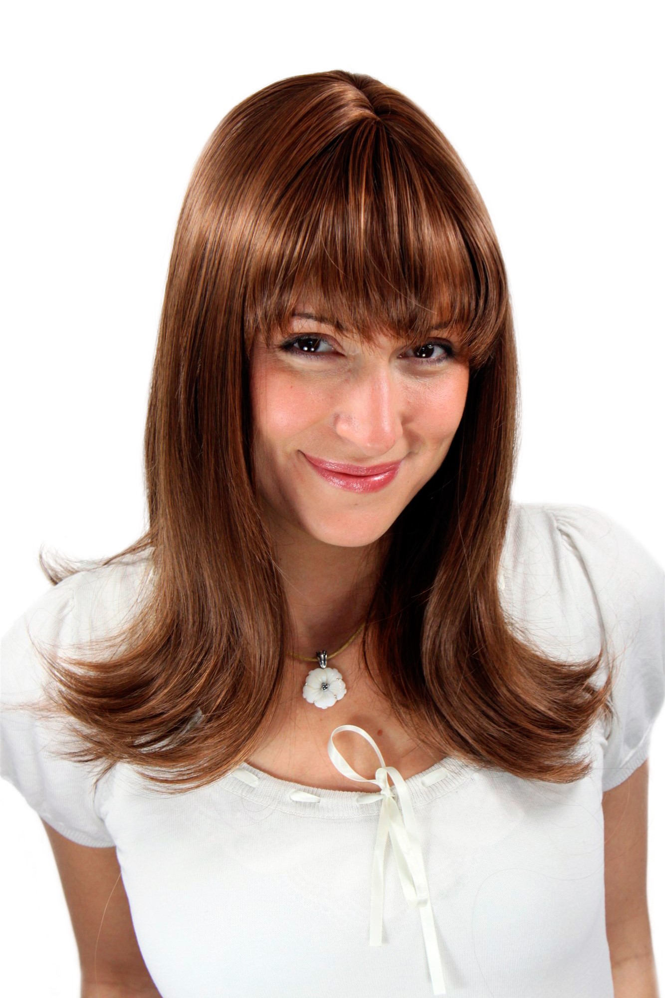 hochwertige Qualitätsperücken, Perücke geschwungene Spitzen Braun-Mix 3218-5/114, Vorderansicht, WIG ME UP: Ihr Perücken Online Shop wellige Tressen-Perücke mit Kopfhaut-Imitat Mittelbraun und Hell-Rostbraun lange Haare für Damen