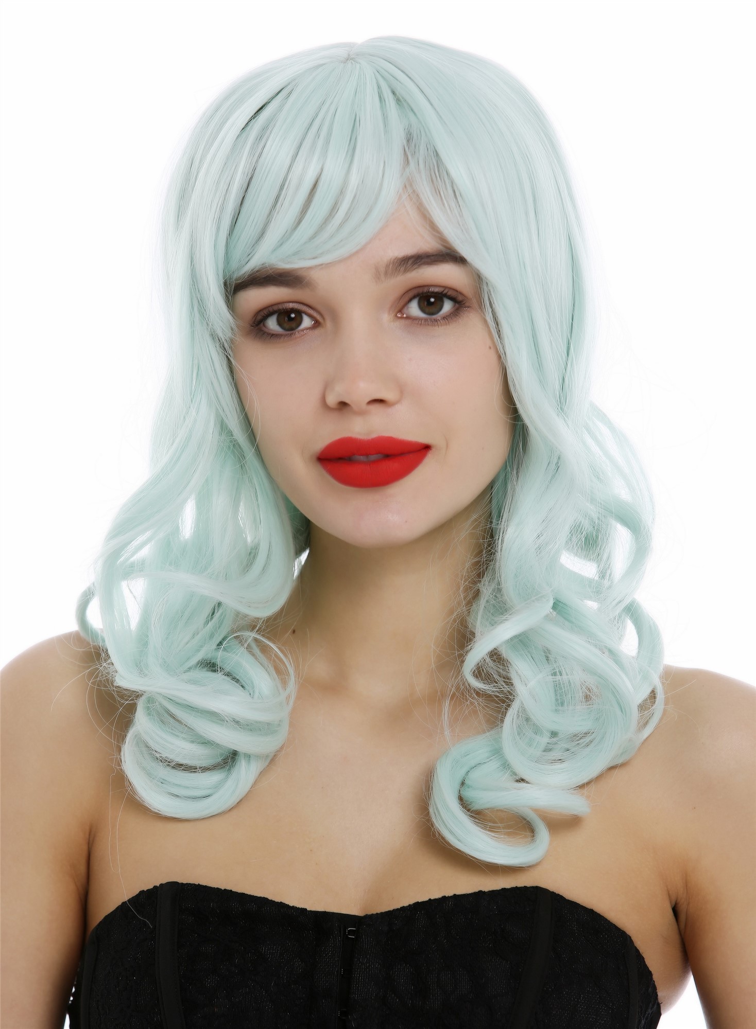 hochwertige Qualitätsperücken, Elegante Damen Perücke lange lockige Haare Pony Grün Hellgrün 3001-T5507, Ansicht 2, WIG ME UP: Ihr Perücken Online Shop wellige Tressen-Perücke mit Kopfhaut-Imitat Hellgrün lange Haare für Damen