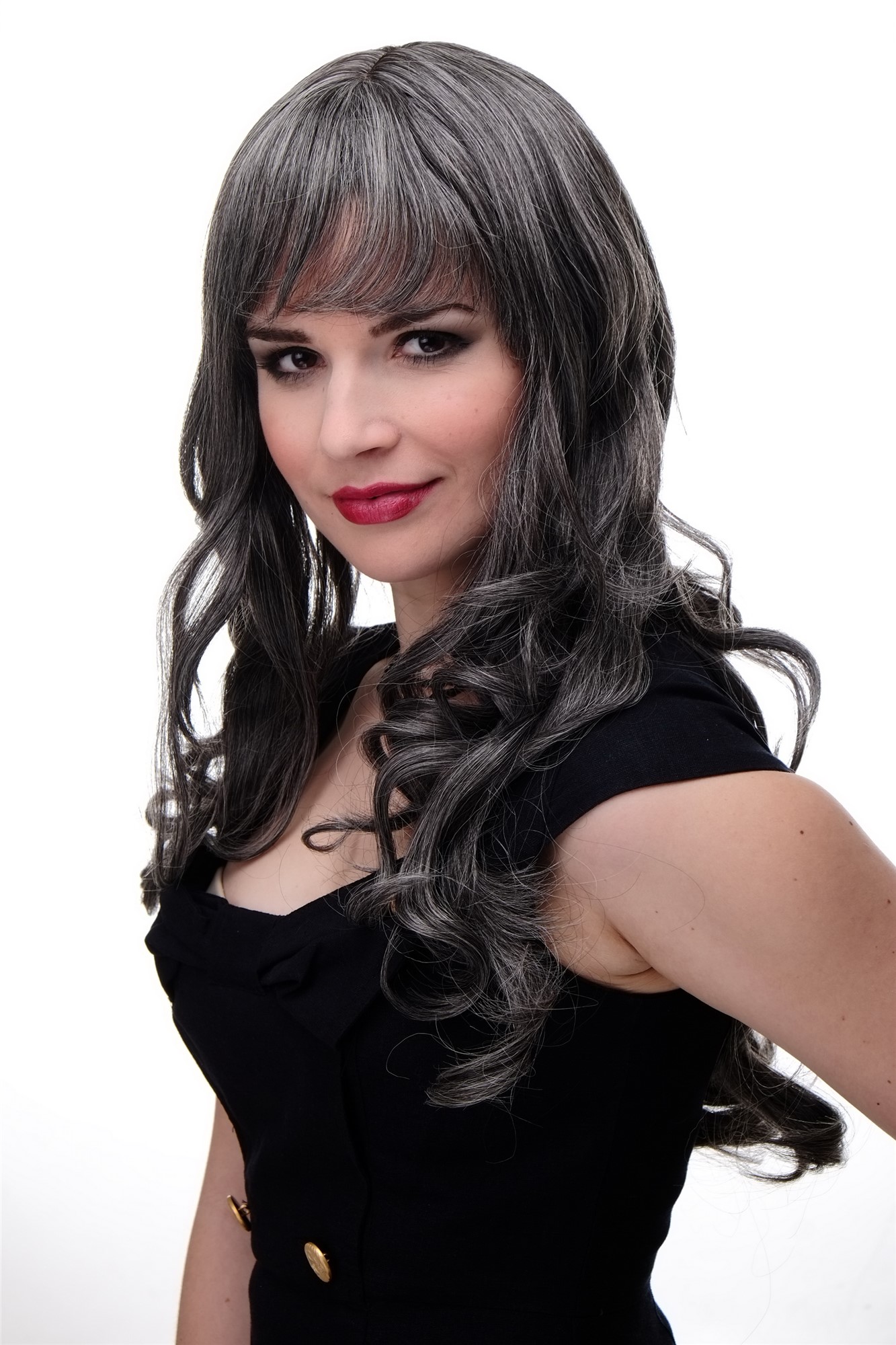 Lady wig very long curling tips straight top fringe bangs dark grey gray 285, view 3, WIG ME UP: Your Perücken Online Shop Quality Wigs, Ladies, dark brown-gray mix, curled, long