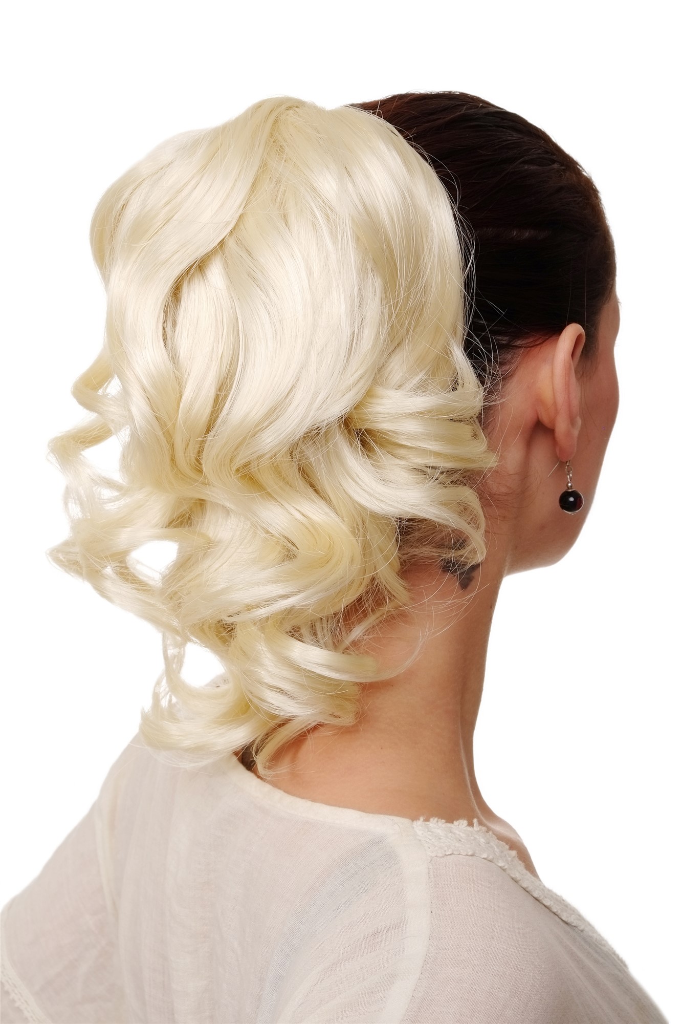 hochwertiges Haarteil gewellt halblang 1 Kamm + Gummizug Platinblond Modell: JL-3023, Vorderansicht, WIG ME UP: Ihr Perücken Online Shop welliges Zopf-Haarteil Platinblond 35 cm lang
