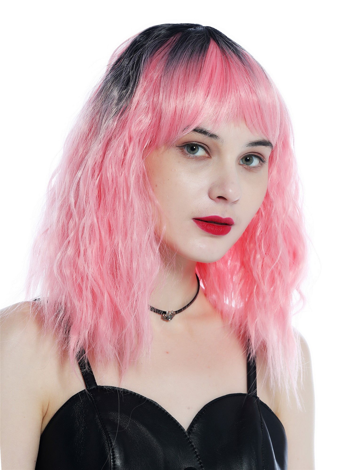 Women's Wig shoulder-length wavy frizzy kinks fringe ombre black pink ZM-1002, view 3, WIG ME UP: Your Perücken Online Shop Quality Wigs, Ladies, black-pink gradient, wavy, shoulder-length