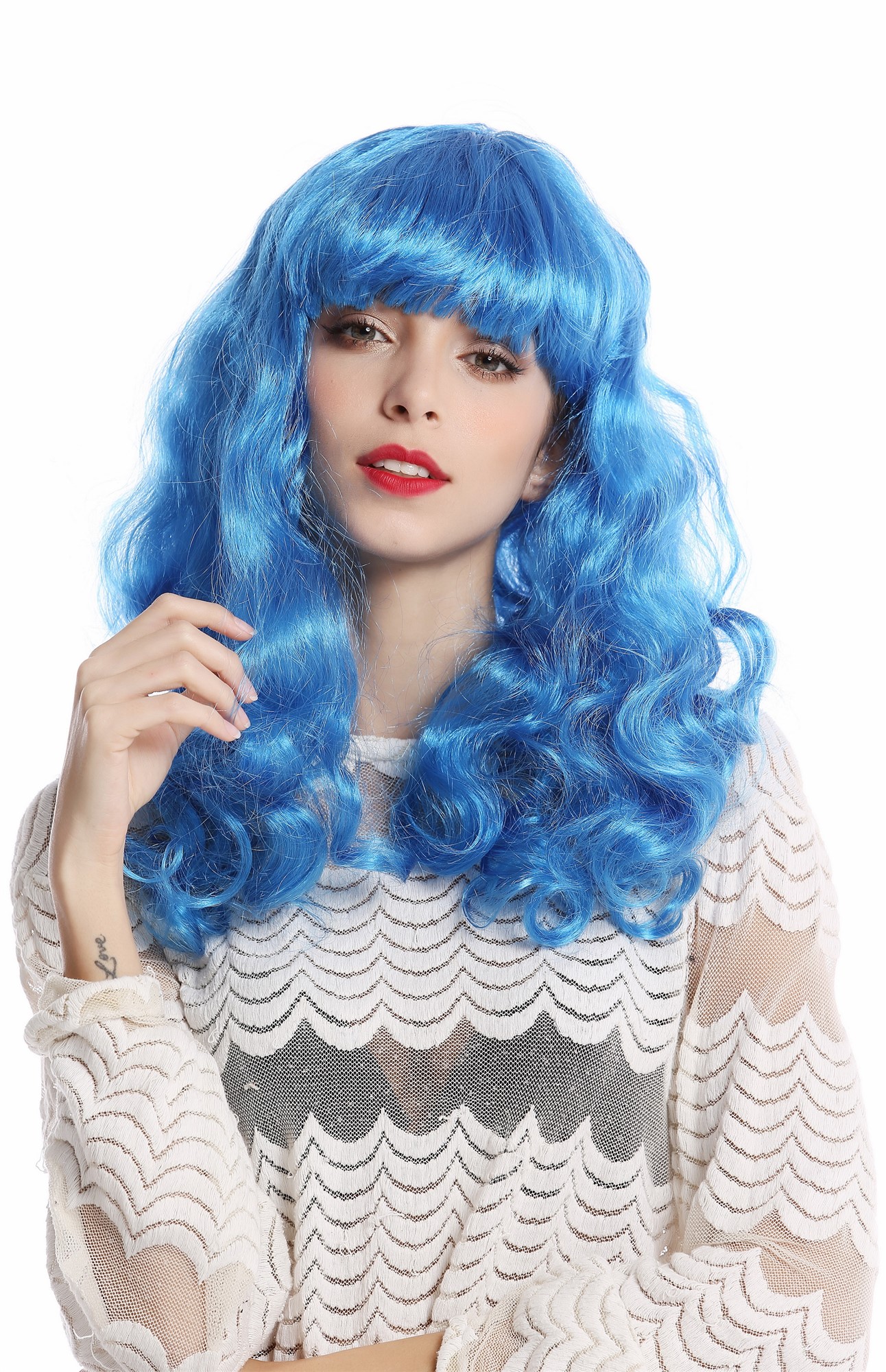 91065-ZA43 Wig Ladies Women Carnival Halloween Cosplay long wavy fringe bangs light blue Disco Glam, front view, WIG ME UP: Your Perücken Online Shop Party Wig, Ladies, Blue, wavy, long