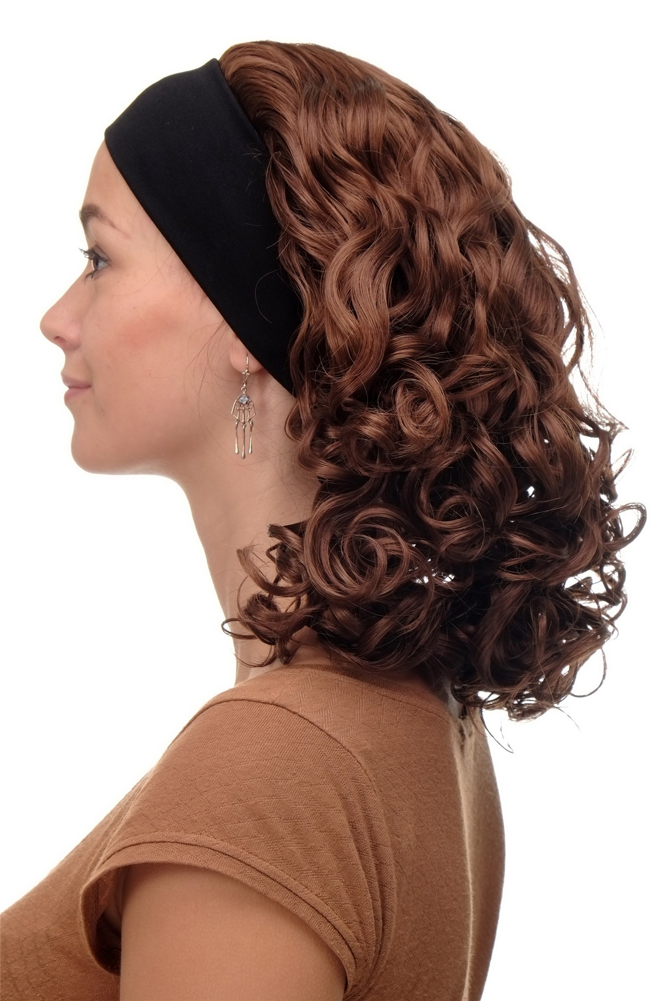 BRO-704-30 Lady  Wig fixed black head band shoulder length very voluminous curled copper brown, front view, WIG ME UP: Your Perücken Online Shop Quality Wigs, Ladies, copper brown, curled, shoulder-length