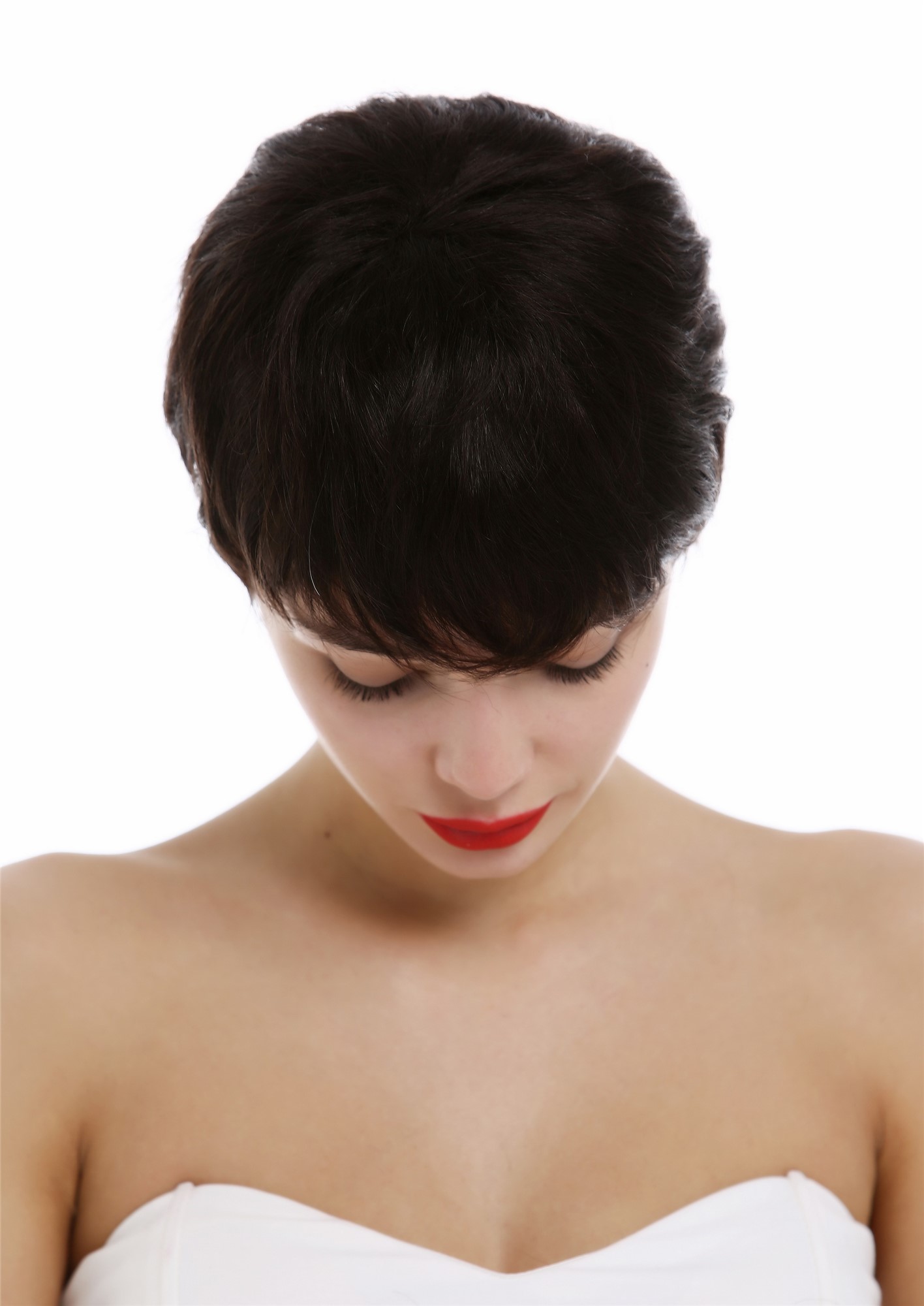 hochwertige Qualitätsperücken, Perücke Echthaar Damen Herren kurz Bowl Cut wellig Schwarzbraun DW3107 HH-2, Ansicht 3, WIG ME UP: Ihr Perücken Online Shop glatte Tressen-Perücke Schwarzbraun kurze Haare für Damen