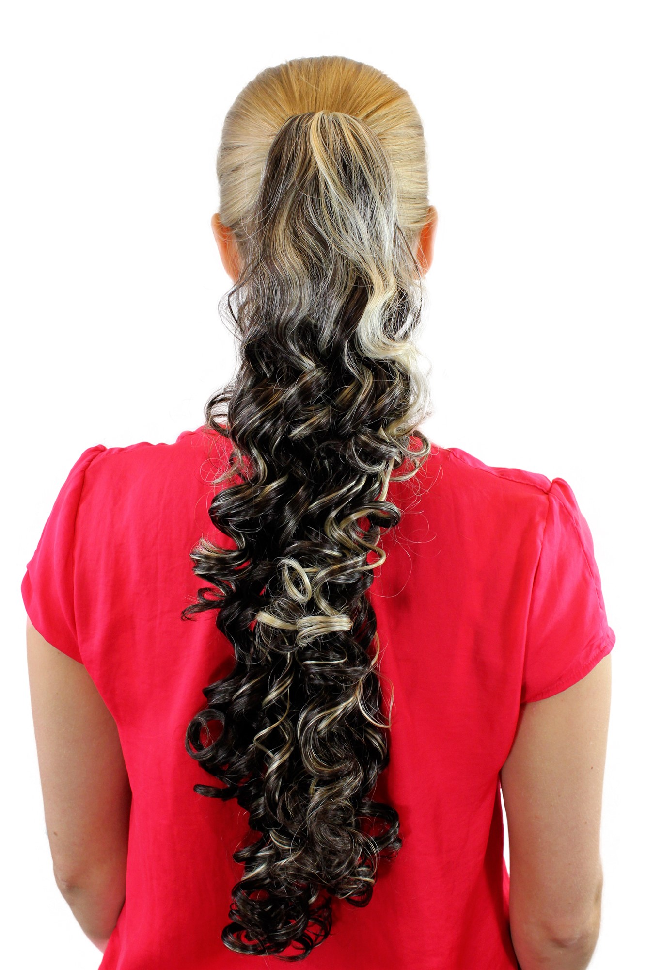 Ponytail Hairpiece extension very long curled curls clamp brown blond mix BR0516, front view, WIG ME UP: Your Perücken Online Shop Ponytails, medium brown-light blonde mix, curled, long
