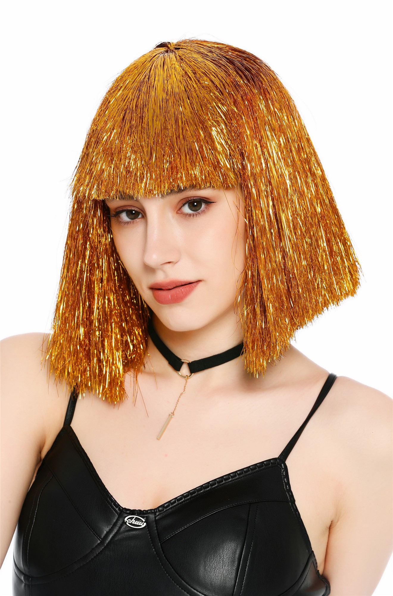 Perücke Damen Glitzer Lametta Tinsel Look Longbob Pony Disco Glam Gold VK-42-TN9