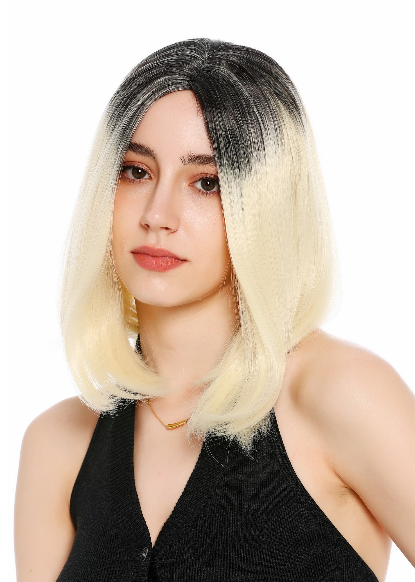 Perücke Damen Mittelscheitel schulterlang glatt Ombre Schwarz Hellblond GFW3977-88+4