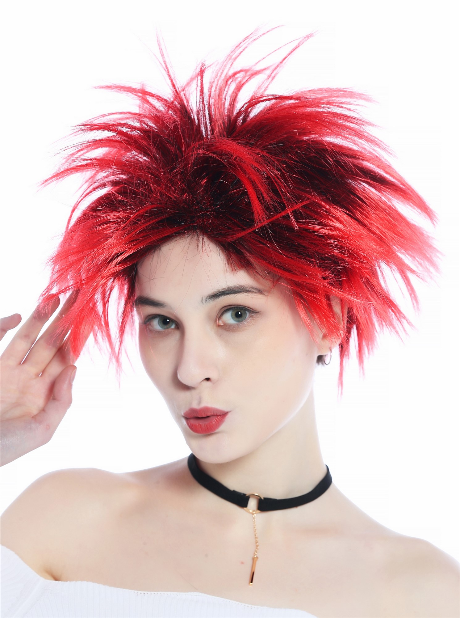 Wig unisex wild spiky hair teased Punk Wave Troll Devil 80's black red 91819-B, front view, WIG ME UP: Your Perücken Online Shop Party Wig, Unisex, Black gradient fire red, straight, short