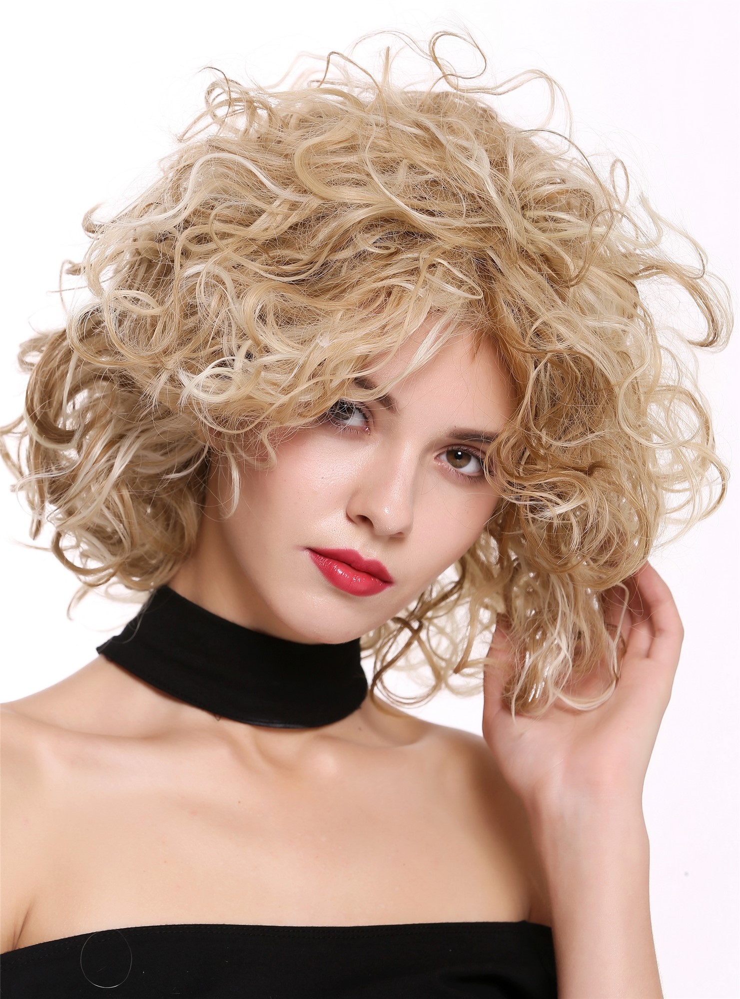 Quality Wigs, Ladies, strawberry blonde-golden blonde-platinum blonde, curled, shoulder-length