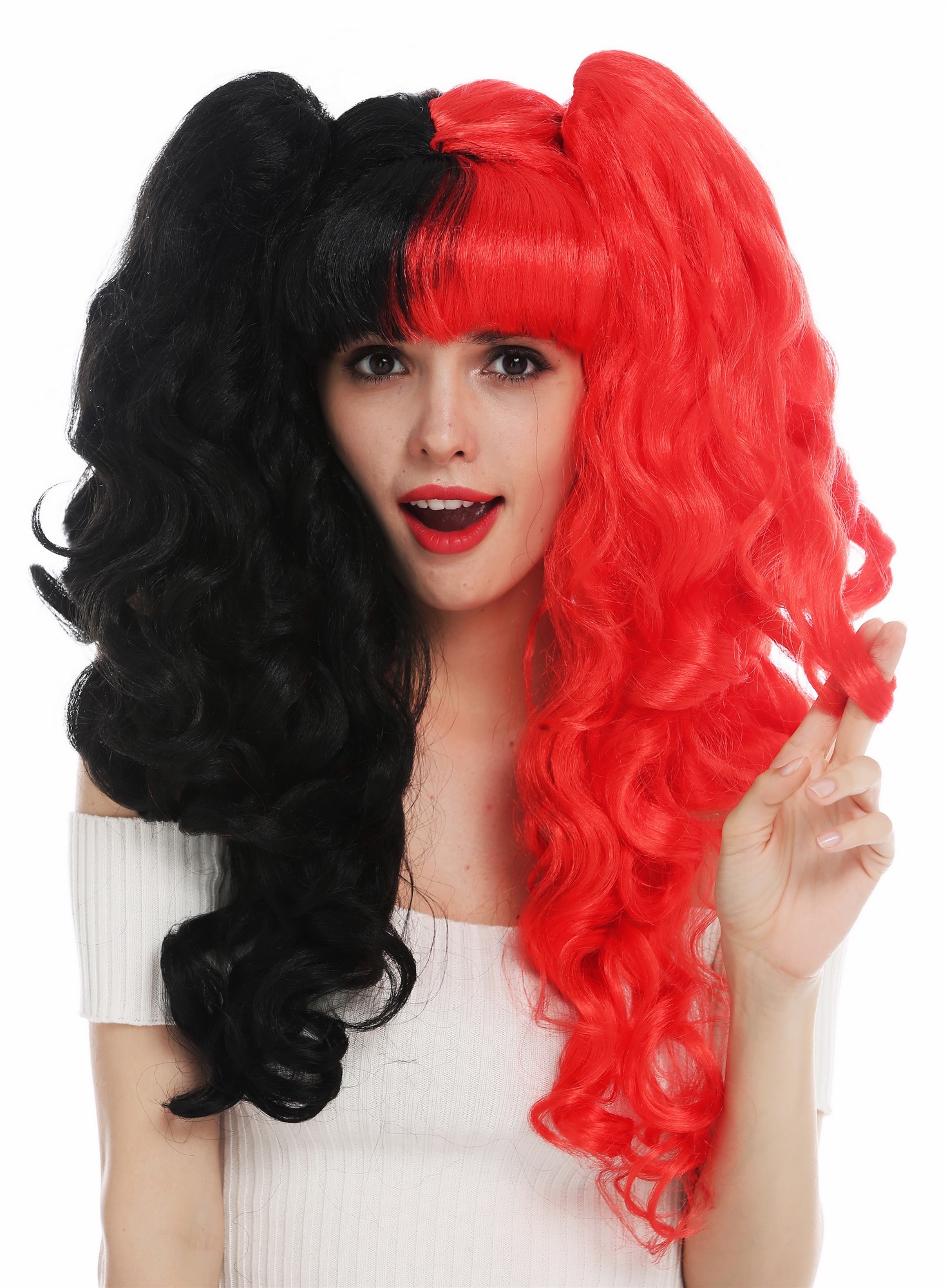 Party Wig, Ladies, deep black and bright red mix, curled, long