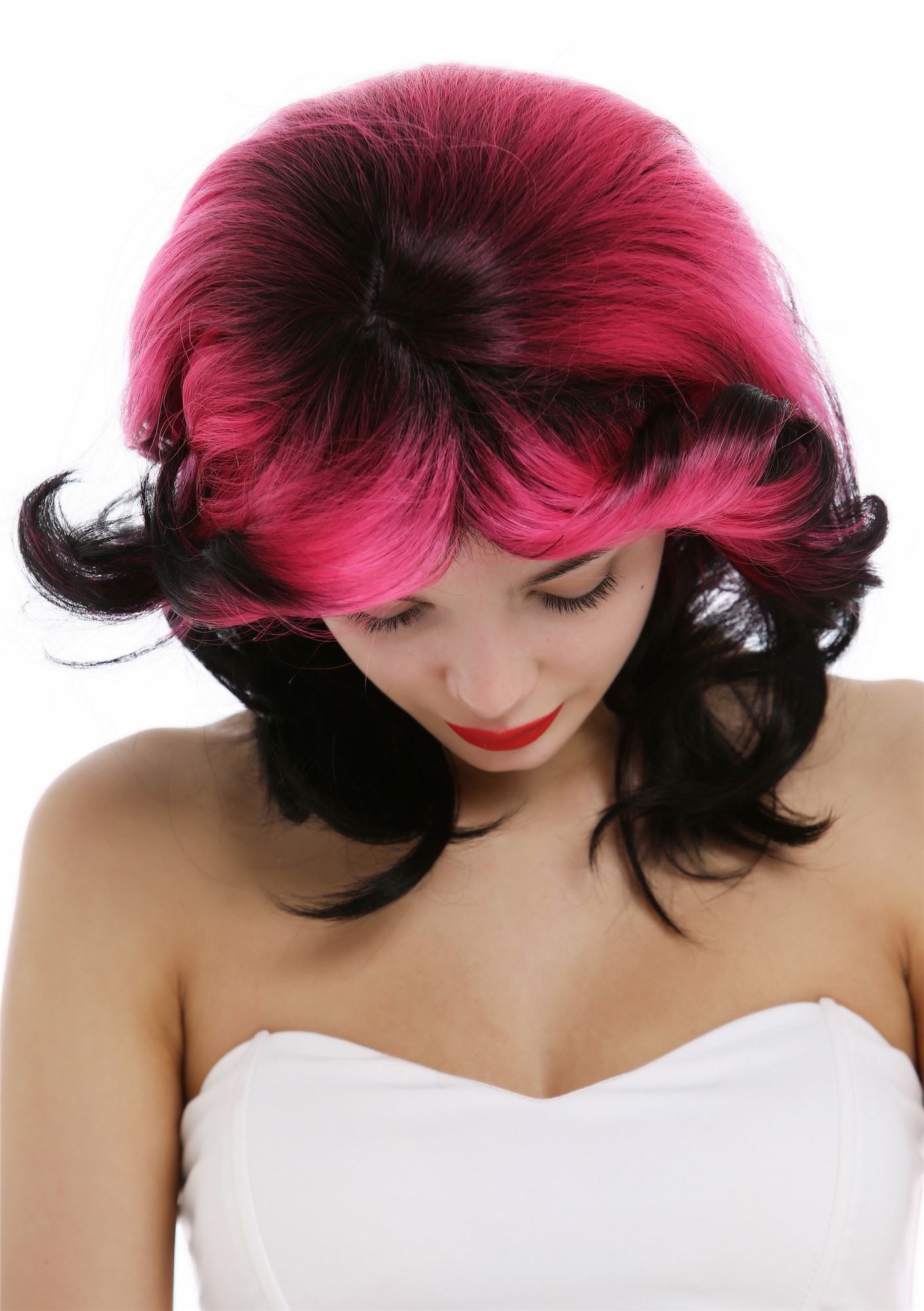 hochwertige Qualitätsperücken, Perücke gewellt toupiert 70er 80er Retro Schwarz Rosa VK-41-1B/HCT5S1B, Ansicht 4, WIG ME UP: Ihr Perücken Online Shop lockige Tressen-Perücke mit Kopfhaut-Imitat Schwarz-Rosa-Mix schulterlange Haare für Damen