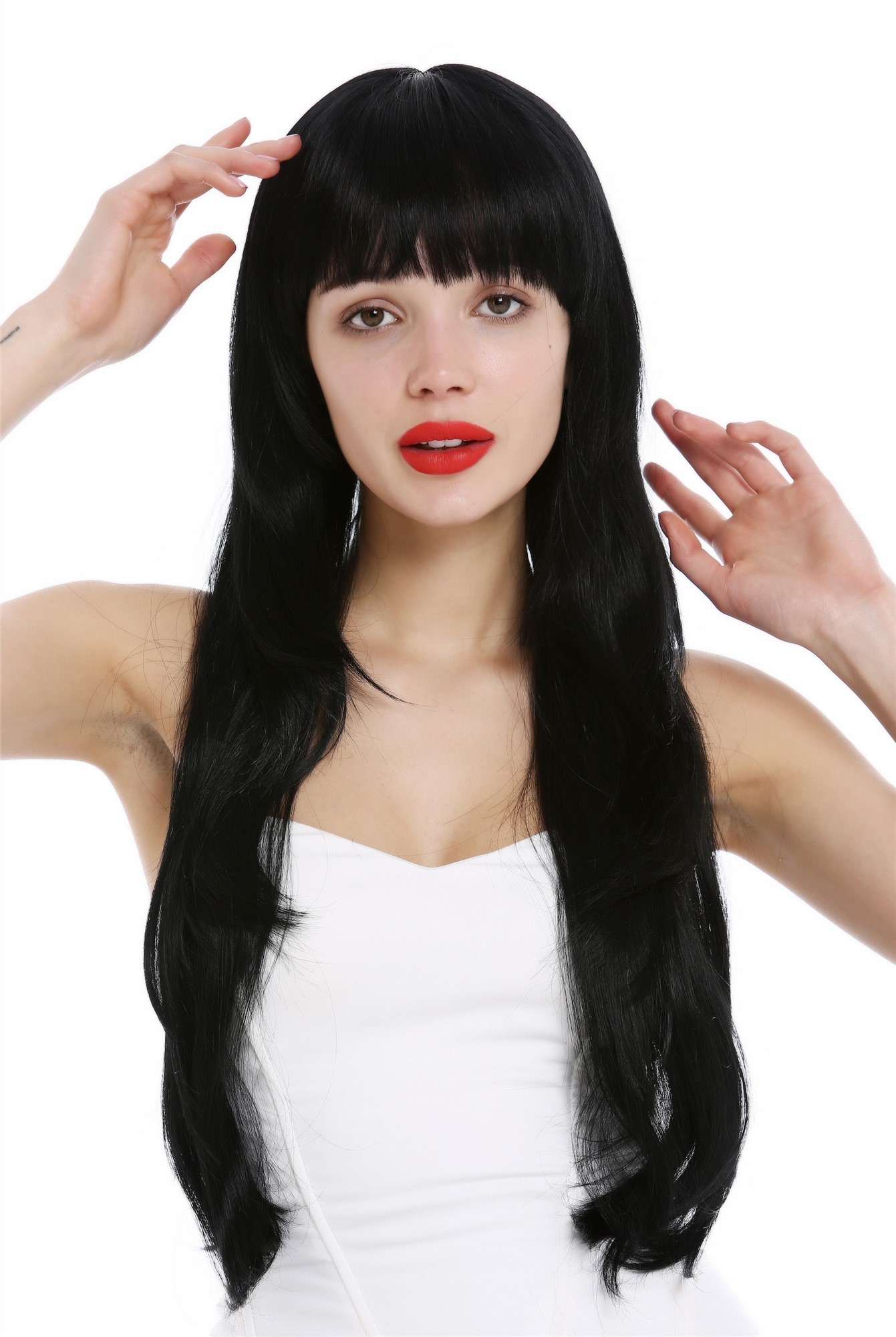 hochwertige Qualitätsperücken, Perücke lang glatt gestuft Schwarz VK-43-1, Vorderansicht, WIG ME UP: Ihr Perücken Online Shop glatte Tressen-Perücke mit Kopfhaut-Imitat Schwarz sehr lange Haare für Damen