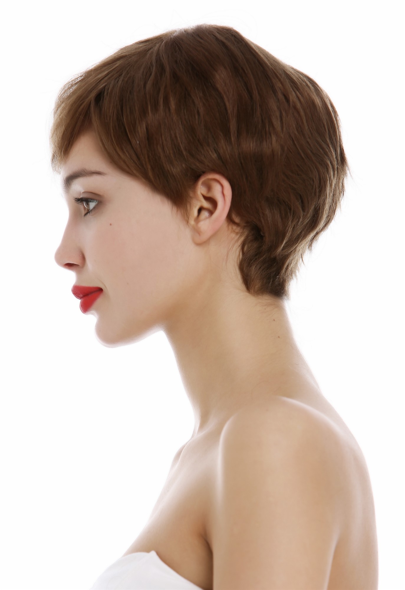 hochwertige Qualitätsperücken, Perücke Echthaar Damen Herren kurz Pixie wellig Scheitel braun DP-HH-10, Ansicht 3, WIG ME UP: Ihr Perücken Online Shop glatte Tressen-Perücke Mittel-Goldbraun kurze Haare für Damen