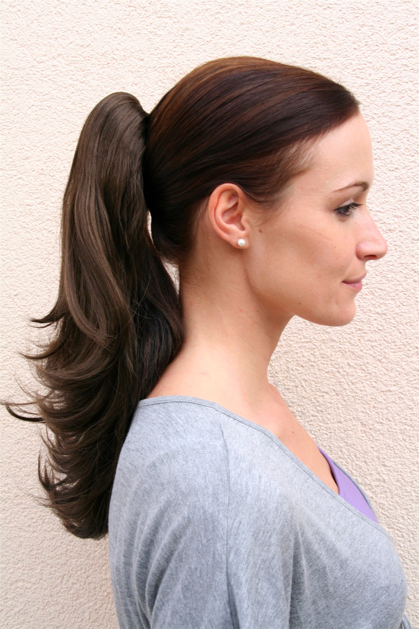 hochwertiges Haarteil Zopf gewellt brünett mittelbraun mit Butterfly-Clip T400-8, Ansicht 2, WIG ME UP: Ihr Perücken Online Shop welliges Zopf-Haarteil Mittel-Aschbraun 40 cm lang