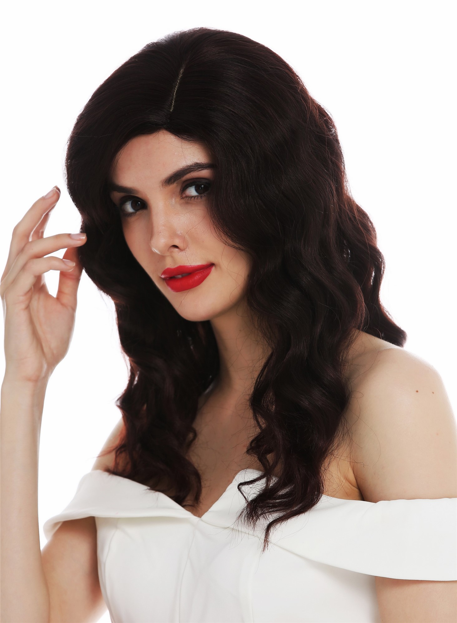 hochwertige Qualitätsperücken, Perücke lang Scheitel edel wellig gewellt Mahagoni Braun gesträhnt Hollywood Diva VK-58-2T33, Ansicht 3, WIG ME UP: Ihr Perücken Online Shop wellige Tressen-Perücke mit Kopfhaut-Imitat Schwarz-Braun-Mix schulterlange Haare für Damen