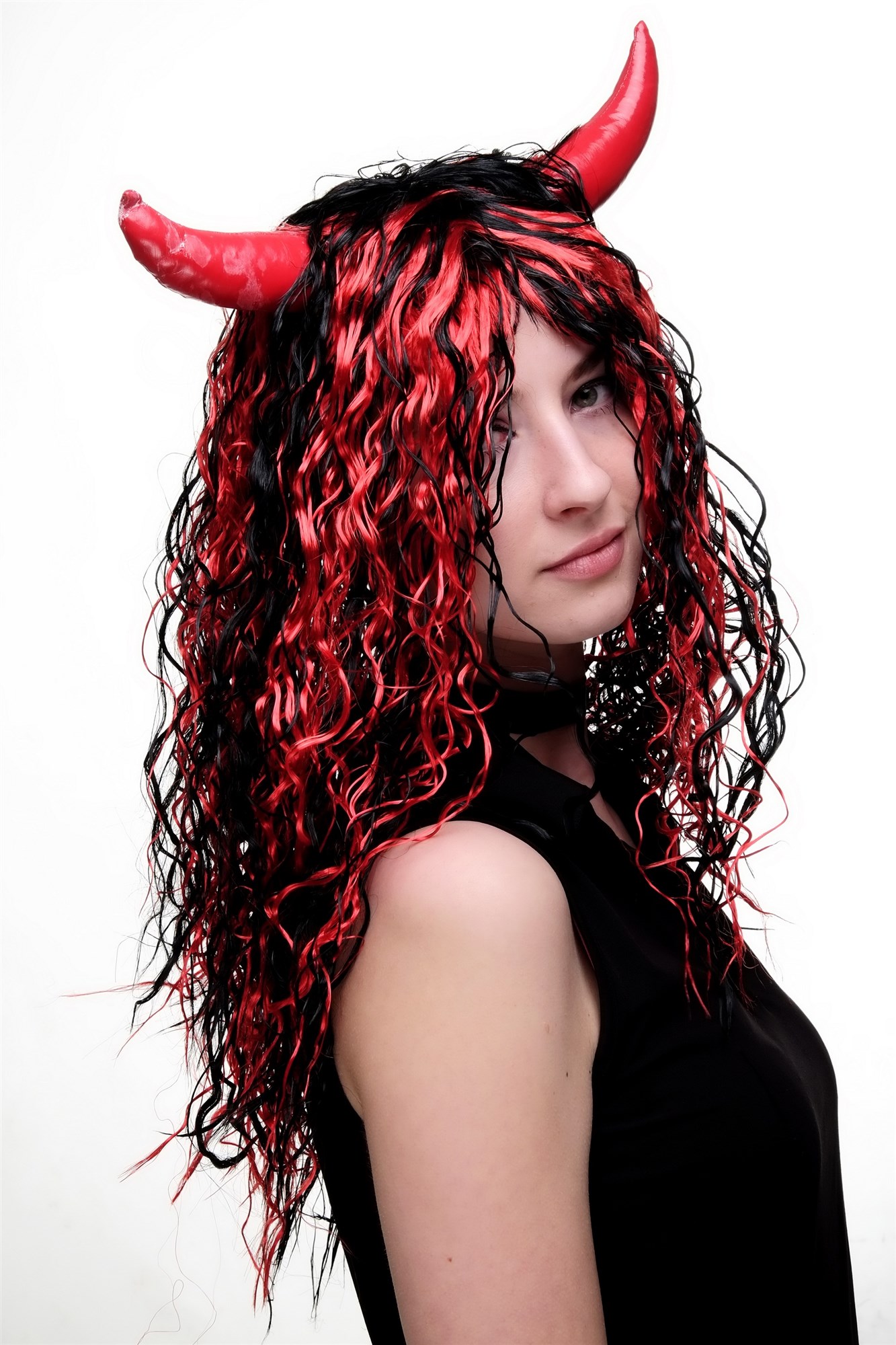 Lady wig seductive She-Devil devil demon horns long black red strands 4044, view 3, WIG ME UP: Your Perücken Online Shop Party Wig, Ladies, Black, Red, curled, long