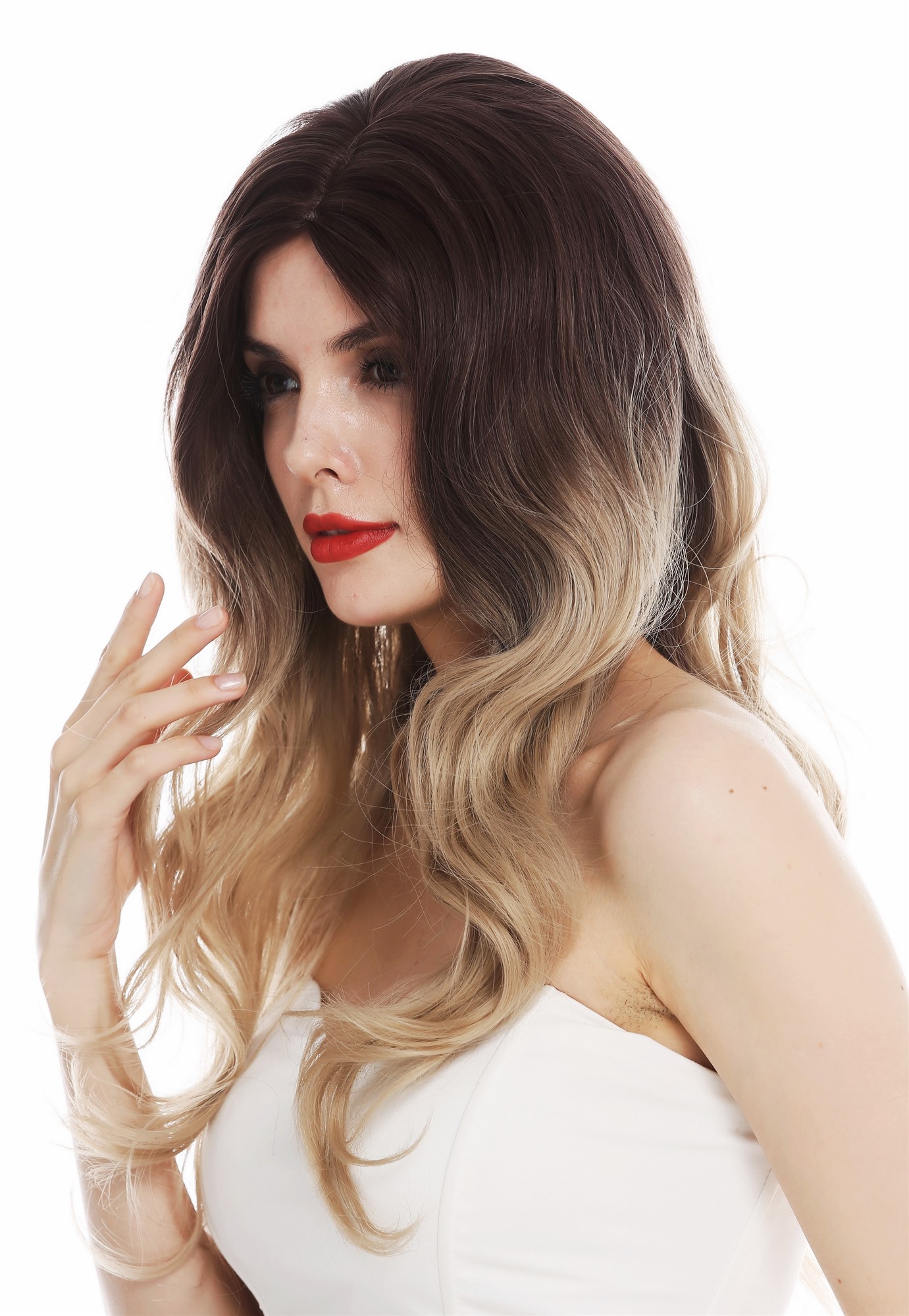 hochwertige Qualitätsperücken, Perücke Kopfhautimitat lang wellig Scheitel Ombre Braun Blond TYS-1208-6TT85, Ansicht 2, WIG ME UP: Ihr Perücken Online Shop wellige Tressen-Perücke mit Kopfhaut-Imitat Braun-Blond-Mix lange Haare für Damen