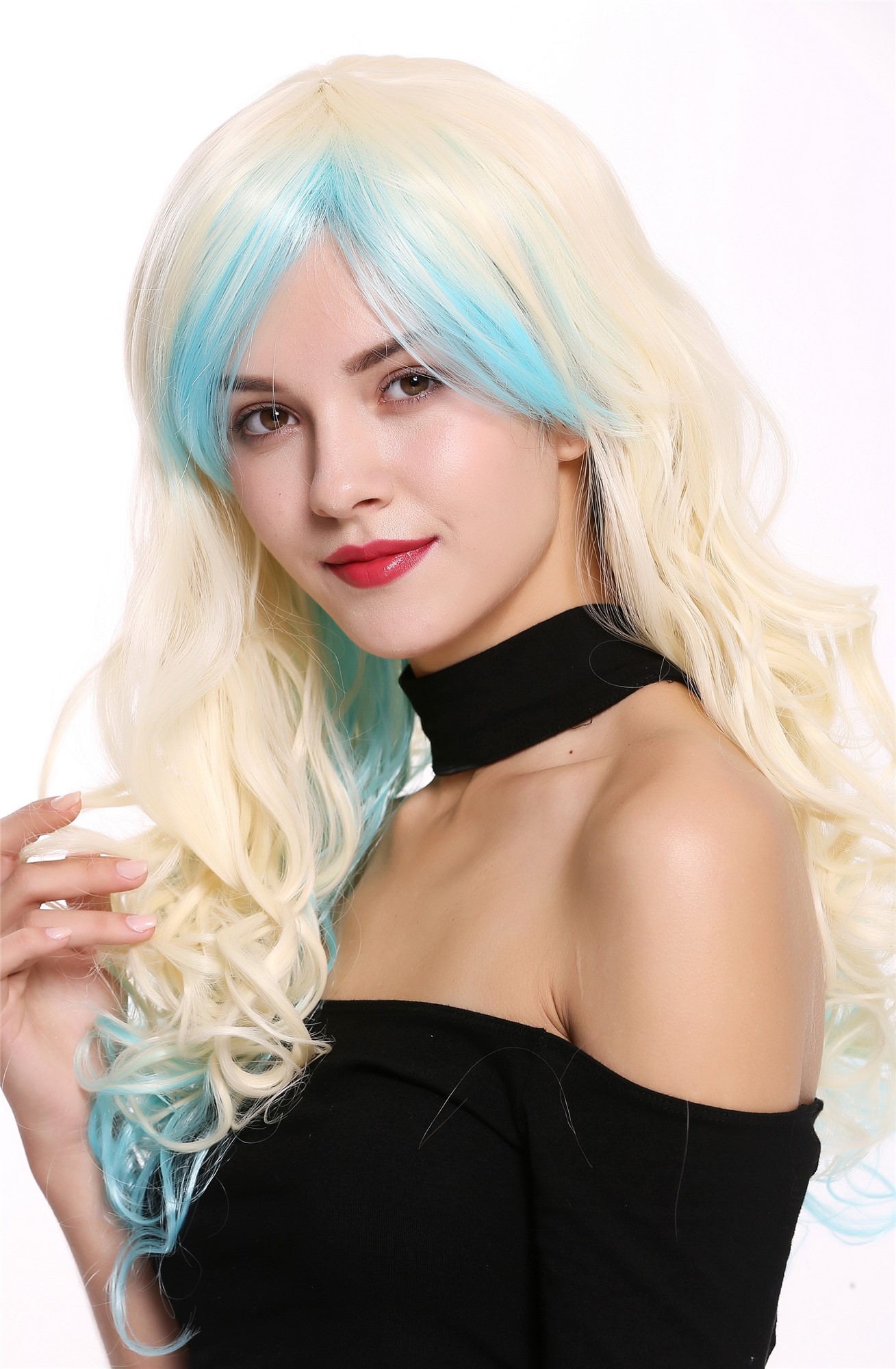 Lady Women Cosplay Wig long curled curls parting platinum blue mix YZF-7183, view 3, WIG ME UP: Your Perücken Online Shop Quality Wigs, Ladies, blonde-blue mix, curled, long