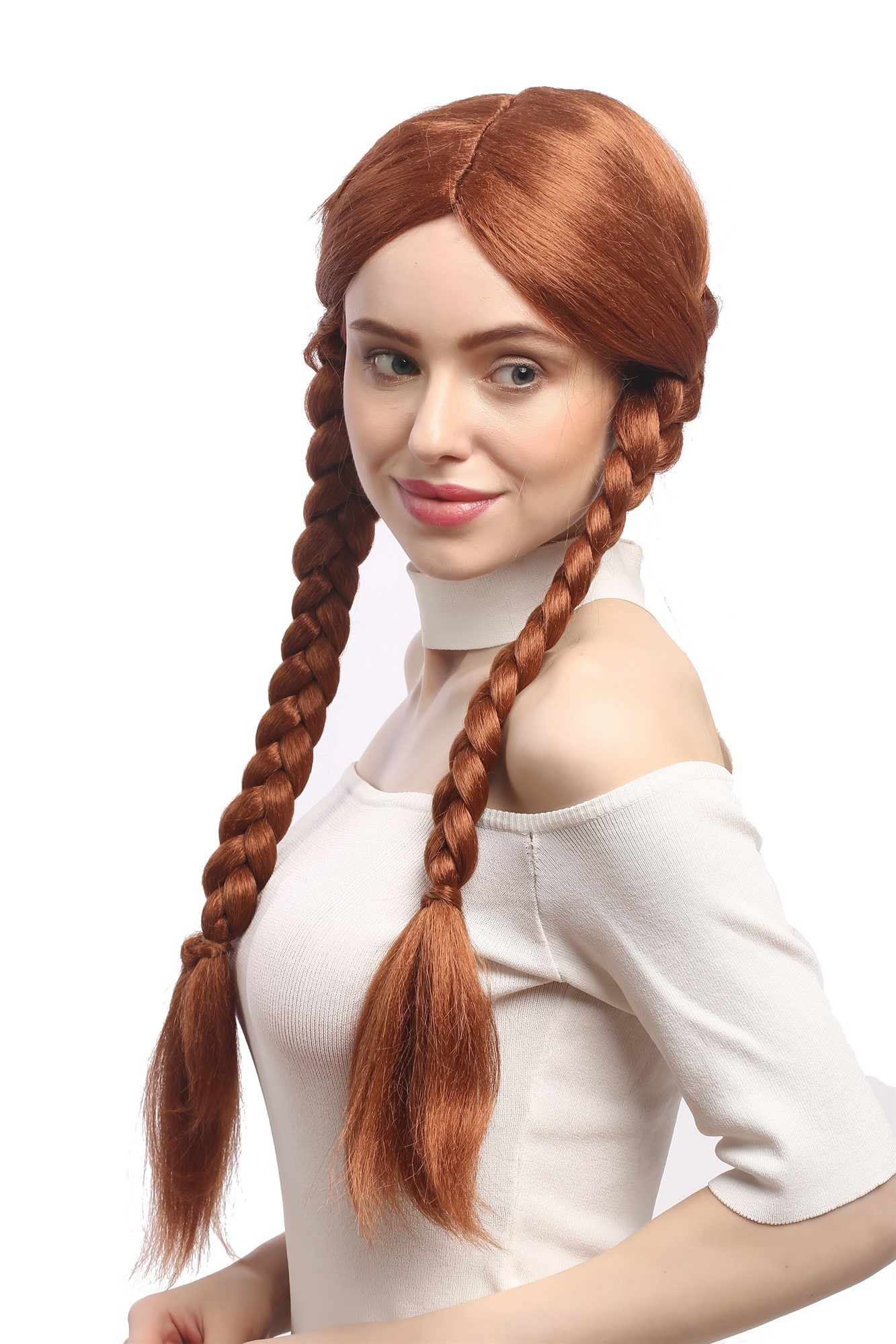 Lady Party Wig Halloween copper red redbbrown long think braided pigtails 90839, front view, WIG ME UP: Your Perücken Online Shop Party Wig, Ladies, Brown, Braided, long