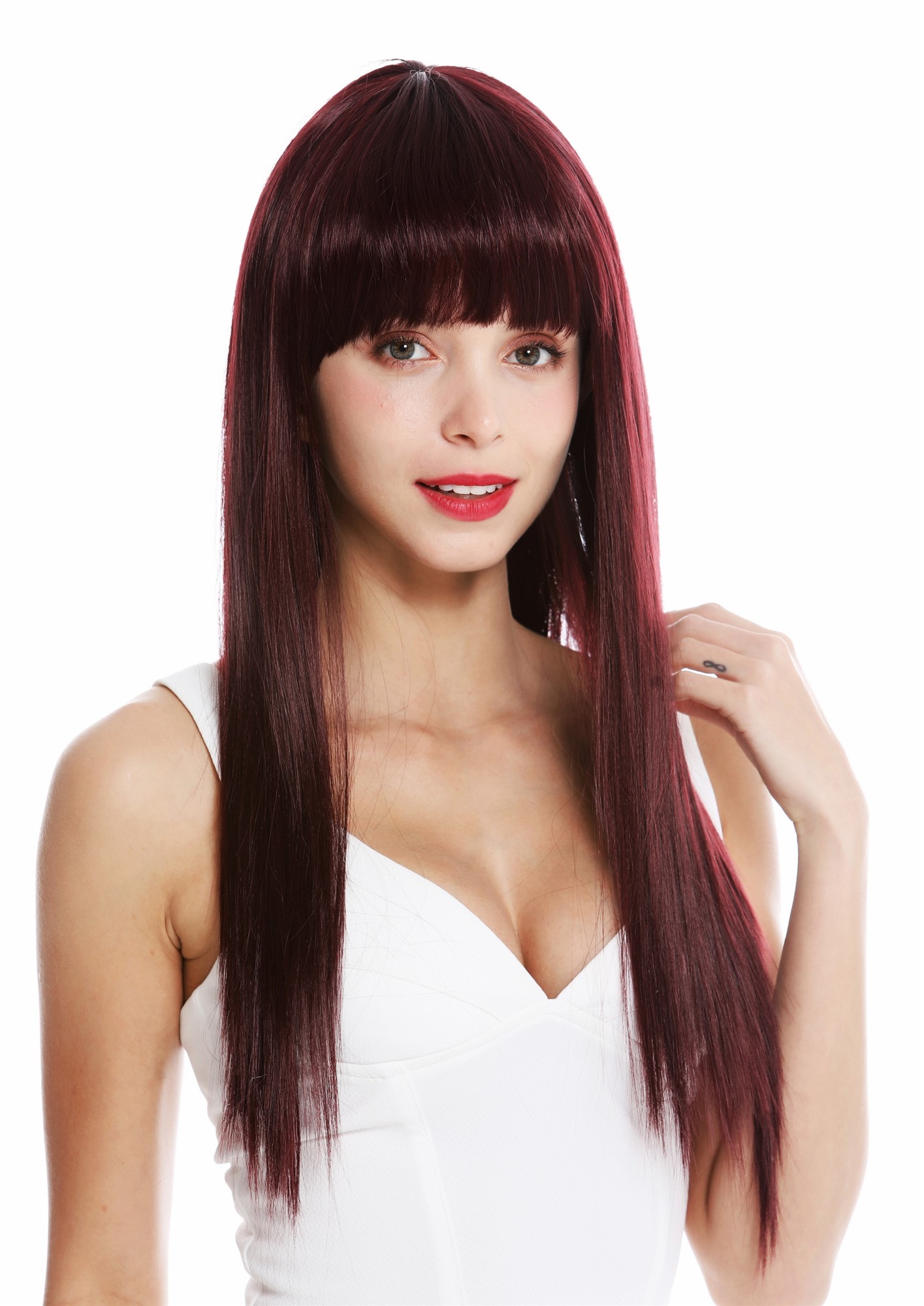 Women's wig long sleek straight long fringe parted bordeaux red VK-8, view 2, WIG ME UP: Your Perücken Online Shop Quality Wigs, Ladies, eggplant red, straight, long