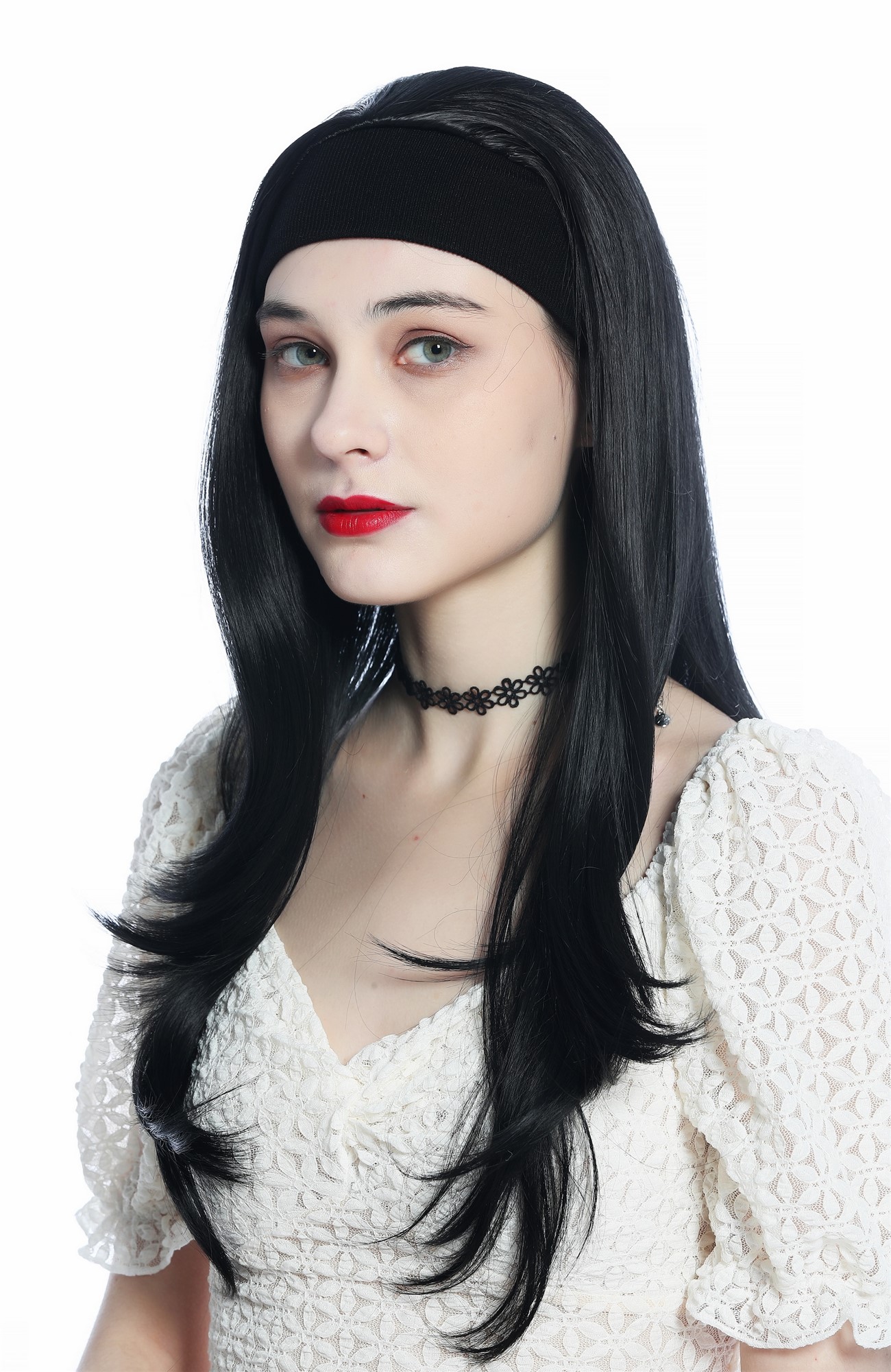 Lady wig half wig black headband cool retro long straight jet black H9306, view 6, WIG ME UP: Your Perücken Online Shop Quality Wigs, Ladies, Black, straight, long