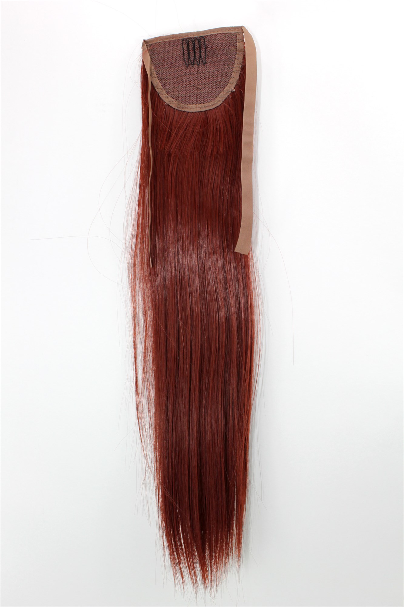 YZF-TS18-35 Hairpiece Pontail Pigtail extension slim light straight comb and ribbon dark red, view 2, WIG ME UP: Your Perücken Online Shop Ponytails, Red, straight, shoulder-length