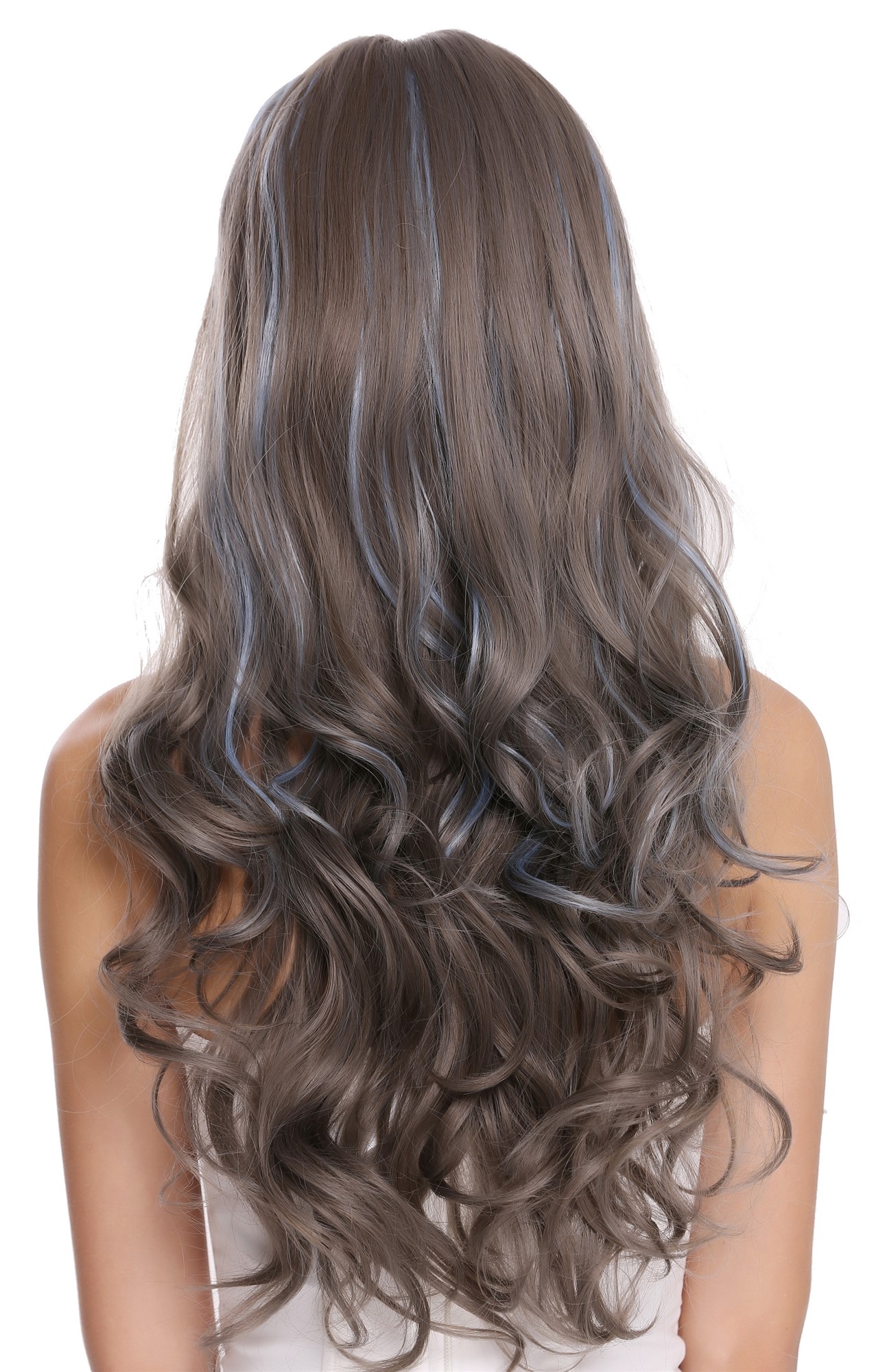 hochwertige Qualitätsperücken, Perücke lang wellig Pony Balayage Grau Braun Blau H1734-8A/10A/4134, Ansicht 4, WIG ME UP: Ihr Perücken Online Shop wellige Tressen-Perücke mit Kopfhaut-Imitat Aschgrau-Goldbraun-Hellblau-Mix lange Haare für Damen