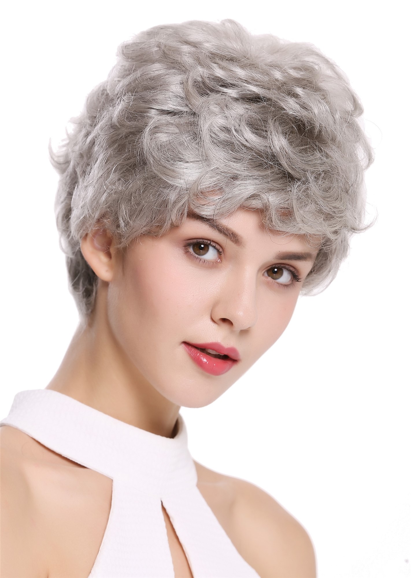 Lady wig real human hair women short wavy stylish silver grey gray NG-HH, front view, WIG ME UP: Your Perücken Online Shop Quality Wigs, Unisex, silver gray with a small amount of black, wavy, short, 100% Human Hair