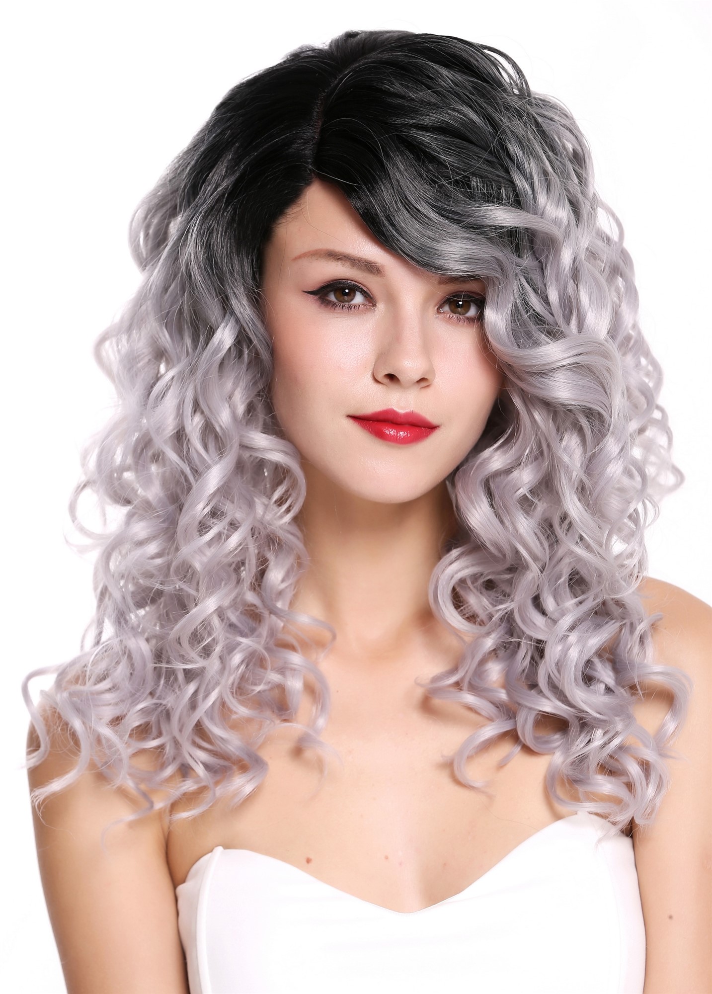 hochwertige Qualitätsperücken, Perücke Locken Volumen Lang Scheitel Ombre Schwarz Grau RGF-6467C-T1B/SILVER, Ansicht 6, WIG ME UP: Ihr Perücken Online Shop lockige Tressen-Perücke mit Kopfhaut-Imitat Schwarz-Silbergrau lange Haare für Damen