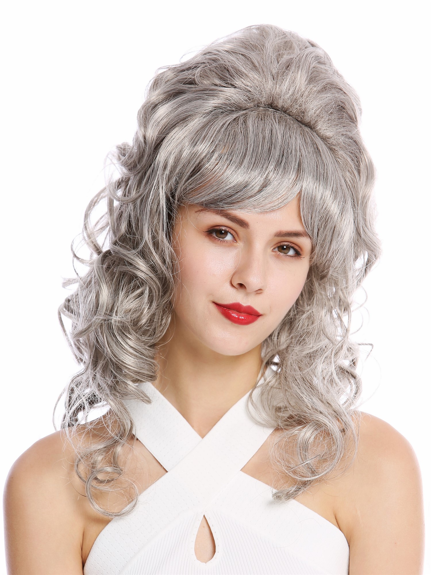 hochwertige Qualitätsperücken, Perücke 60er Retro Hochsteckfrisur Beehive Grau GFW2418-51, Ansicht 4, WIG ME UP: Ihr Perücken Online Shop lockige Tressen-Perücke Silbergrau mit geringem Schwarzanteil lange Haare für Damen