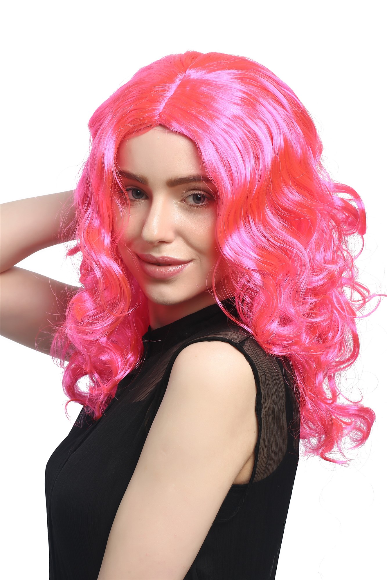 Lady Party Wig Halloween Fancy Dress long very voluminous curly curls middle-parting pink 20", view 2, WIG ME UP: Your Perücken Online Shop Party Wig, Ladies, Pink, curled, long