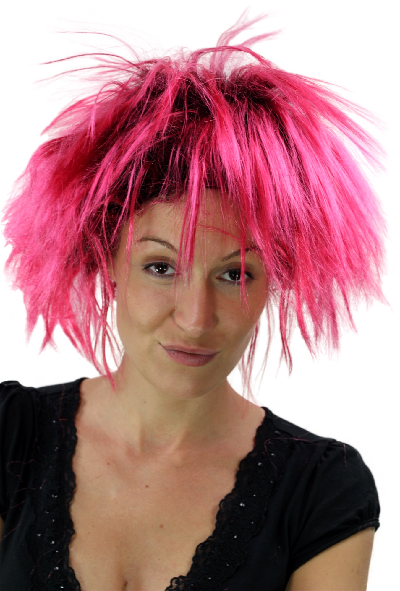 günstige Party Perücke, 80er Jahre Perücke Punk Glam Schwarz-Pink PW0078, Ansicht 4, WIG ME UP: Ihr Perücken Online Shop wellige Party Perücke sonstige kurze Haare Unisex
