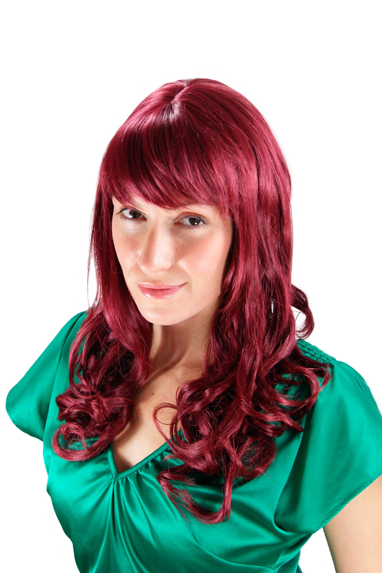 hochwertige Qualitätsperücken, Elegante Damen Perücke lange lockige Haare Pony Aubergine-Rot 3001-39, Vorderansicht, WIG ME UP: Ihr Perücken Online Shop lockige Tressen-Perücke mit Kopfhaut-Imitat Rot lange Haare für Damen