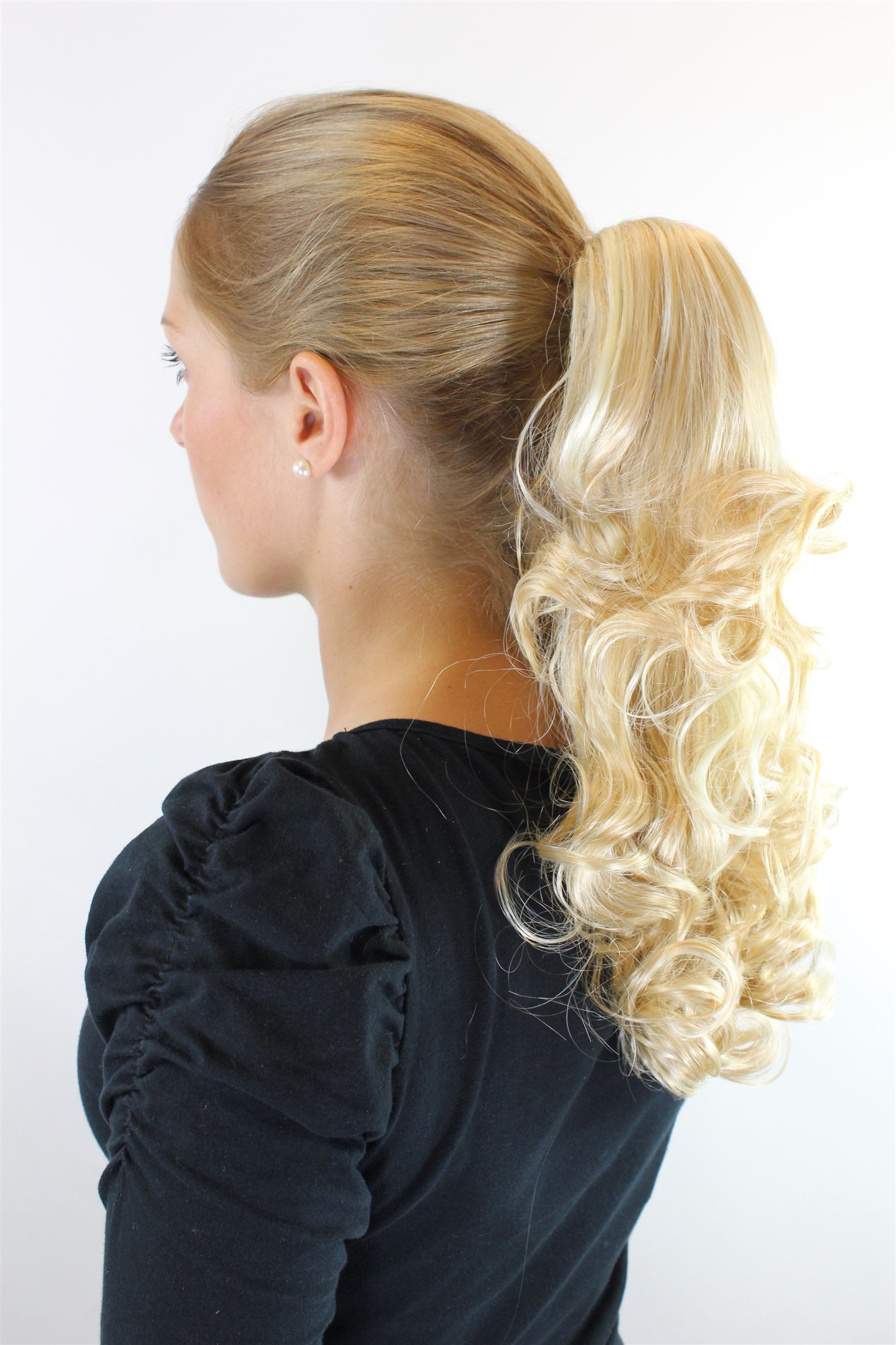 JL-0071-24BF6B Ponytail Hairpiece extension medium length curled curls light blond mix 16", view 2, WIG ME UP: Your Perücken Online Shop Ponytails, light blonde-medium brown-copper brown mix, curled, shoulder-length