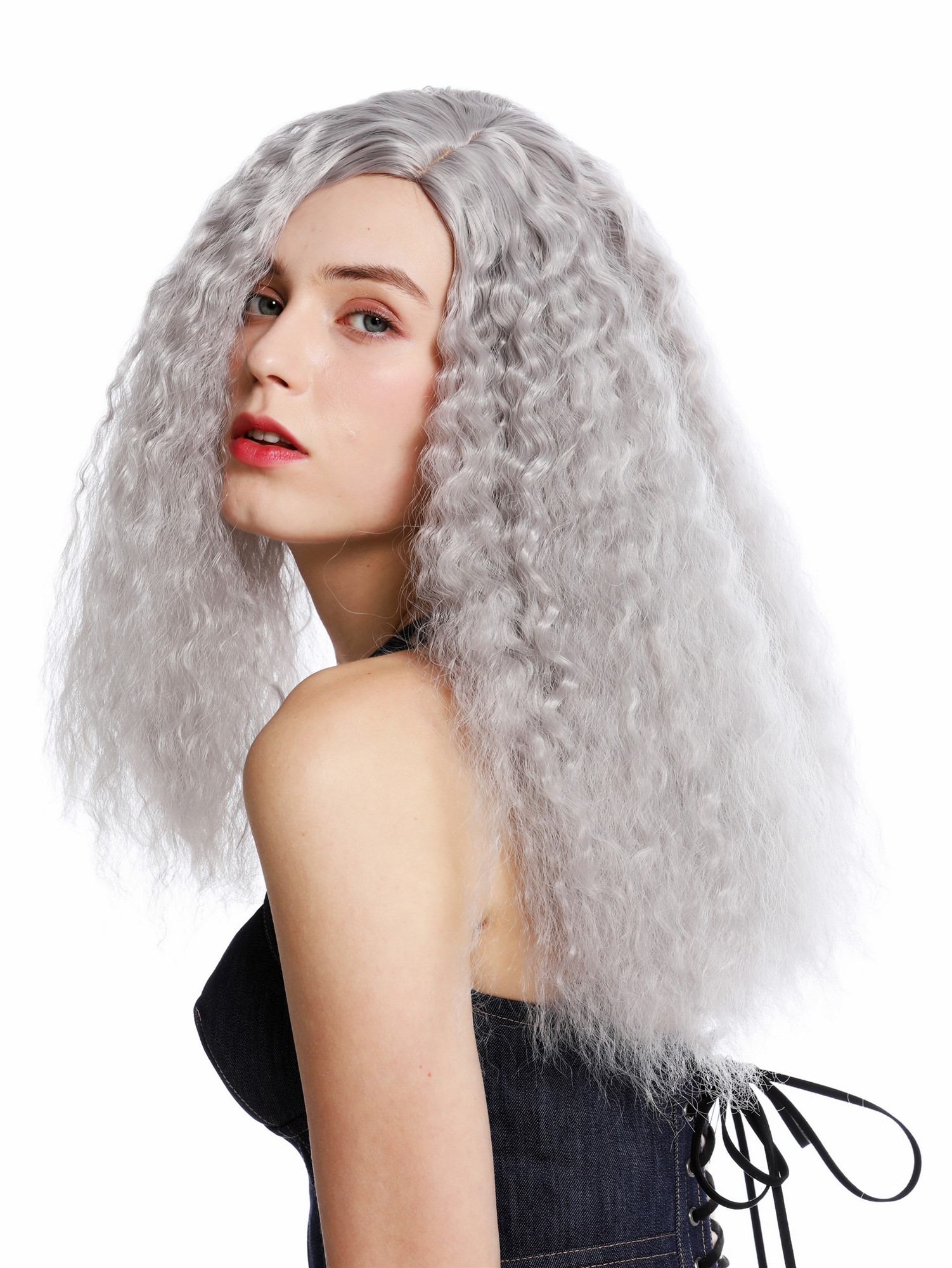 hochwertige Qualitätsperücken, Perücke lang Kraus Locken Volumen Mittelscheitel Grau YZF-7304-T0906, Ansicht 3, WIG ME UP: Ihr Perücken Online Shop lockige Tressen-Perücke mit Kopfhaut-Imitat Hellgrau lange Haare für Damen