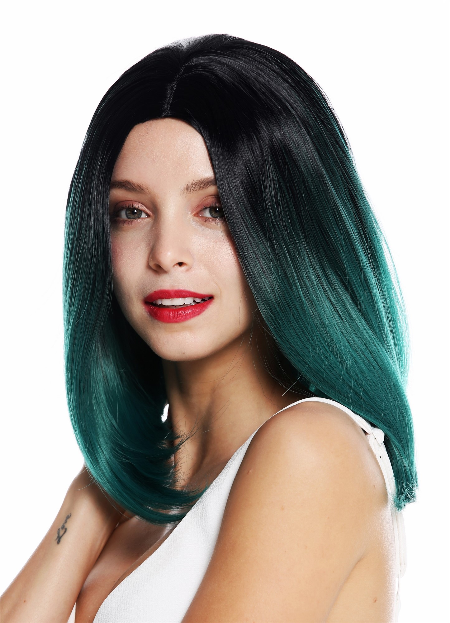 Quality Wigs, Ladies, black-green mix, straight, shoulder-length