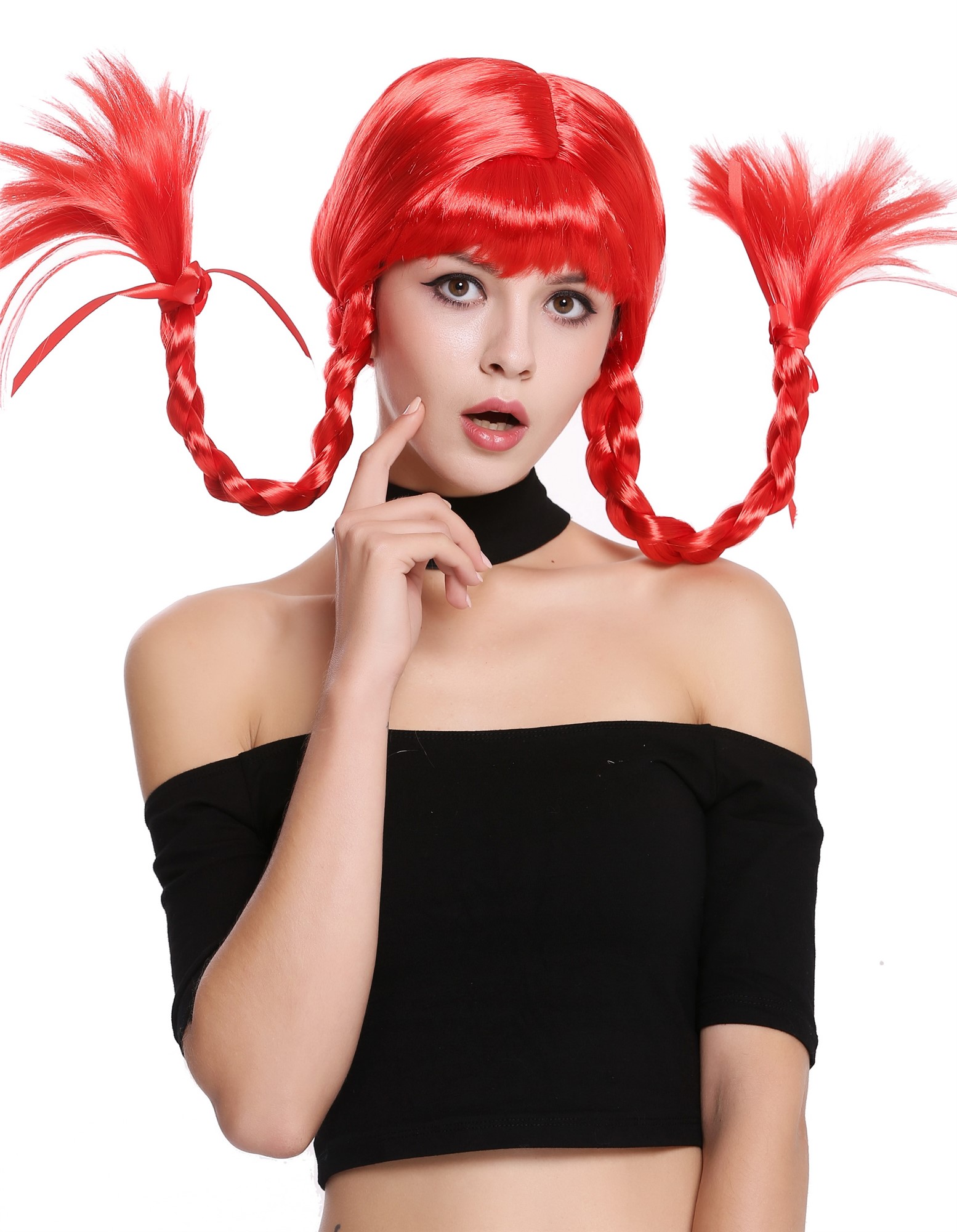 günstige Party Perücke, Perücke geflochtene Zöpfe Rot Freche Göre DDH-T8175-PC13, Vorderansicht, WIG ME UP: Ihr Perücken Online Shop geflochtene Party Perücke Rot schulterlange Haare für Damen