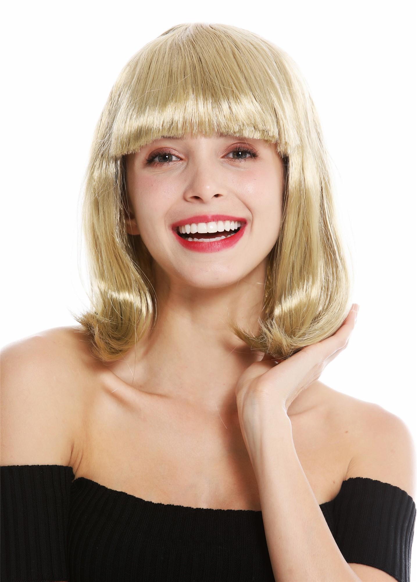 Lady Wig Halloween Disco bob longbob shoulder length bangs golden blonde 0073, front view, WIG ME UP: Your Perücken Online Shop Party Wig, Ladies, light blonde, straight, short