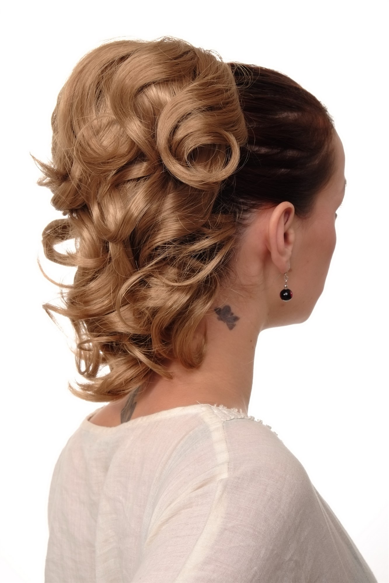hochwertiges Haarteil gewellt halblang 1 Kamm + Gummizug Dunkelblond Modell: JL-3023, Vorderansicht, WIG ME UP: Ihr Perücken Online Shop welliges Zopf-Haarteil Dunkelblond 35 cm lang