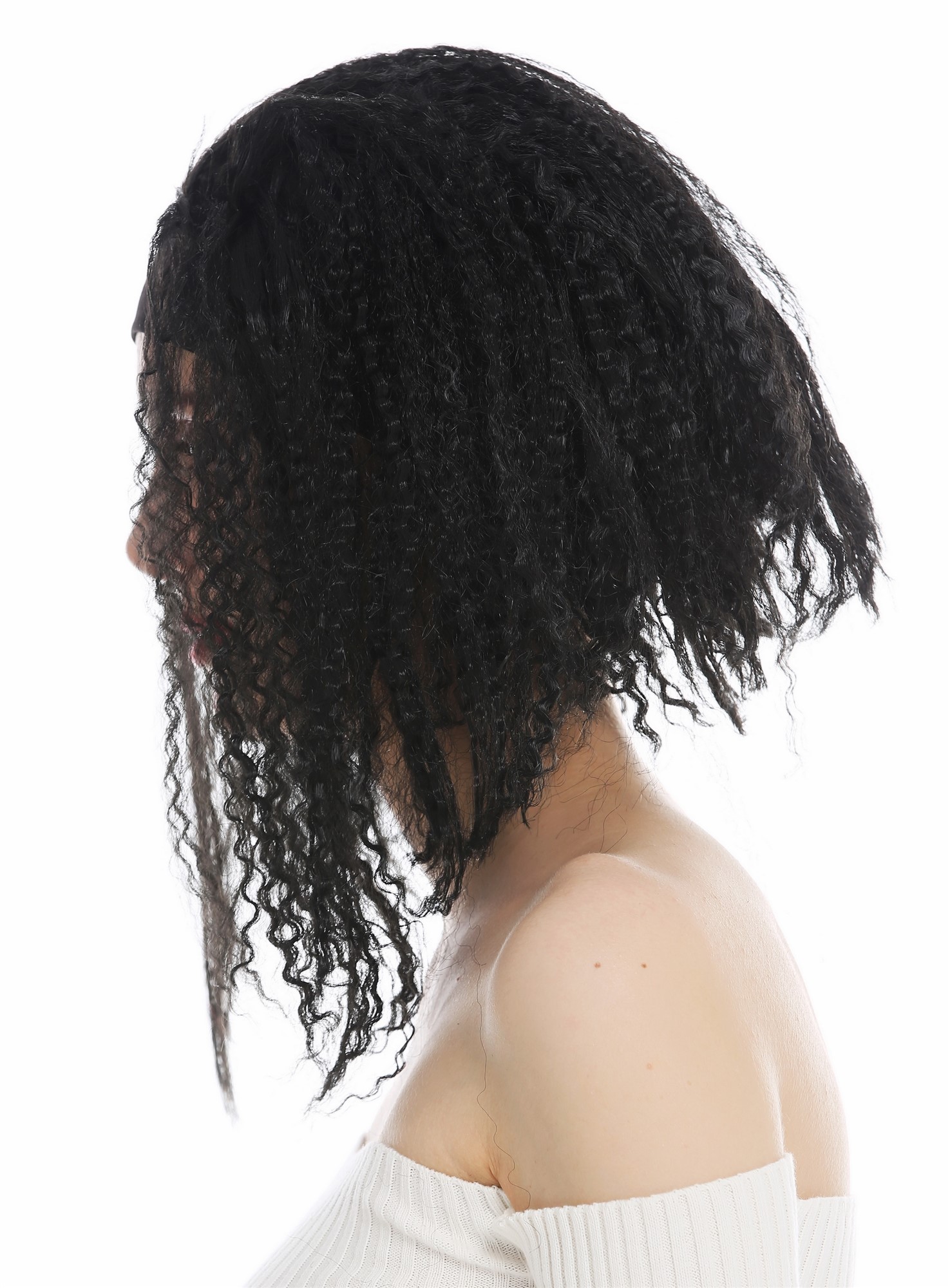 günstige Party Perücke, Perücke Stirnband Krepplocken Schwarz 31803-P103, Ansicht 4, WIG ME UP: Ihr Perücken Online Shop lockige Party Perücke Pechschwarz schulterlange Haare für Damen